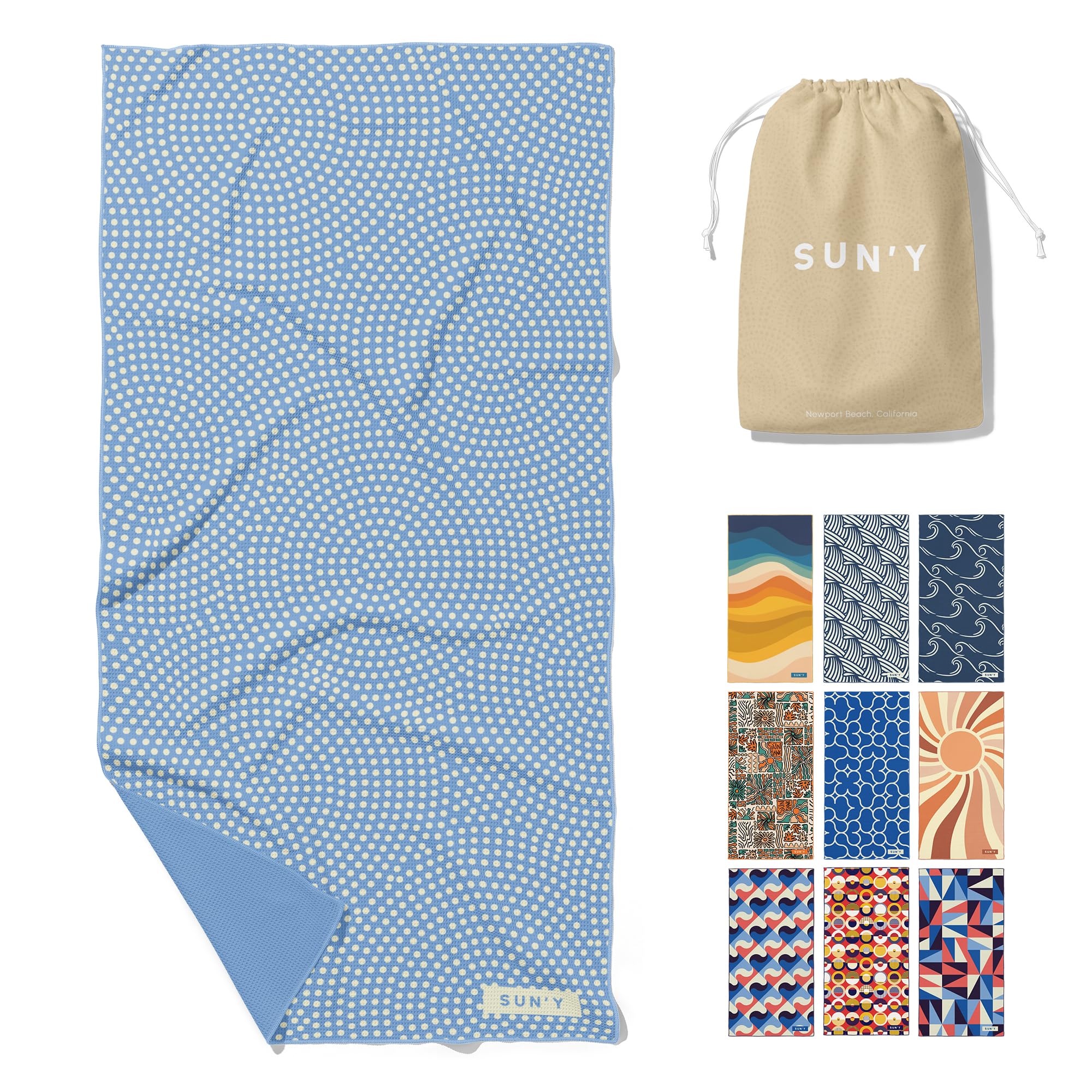 SUN'Y Waffle Microfiber Beach Towel – Sand Free, Quick Dry, Ultra Absorbent, Lightweight & Compact Travel Towel with Carry Bag - Large (63” x 31.5”), Raindrop