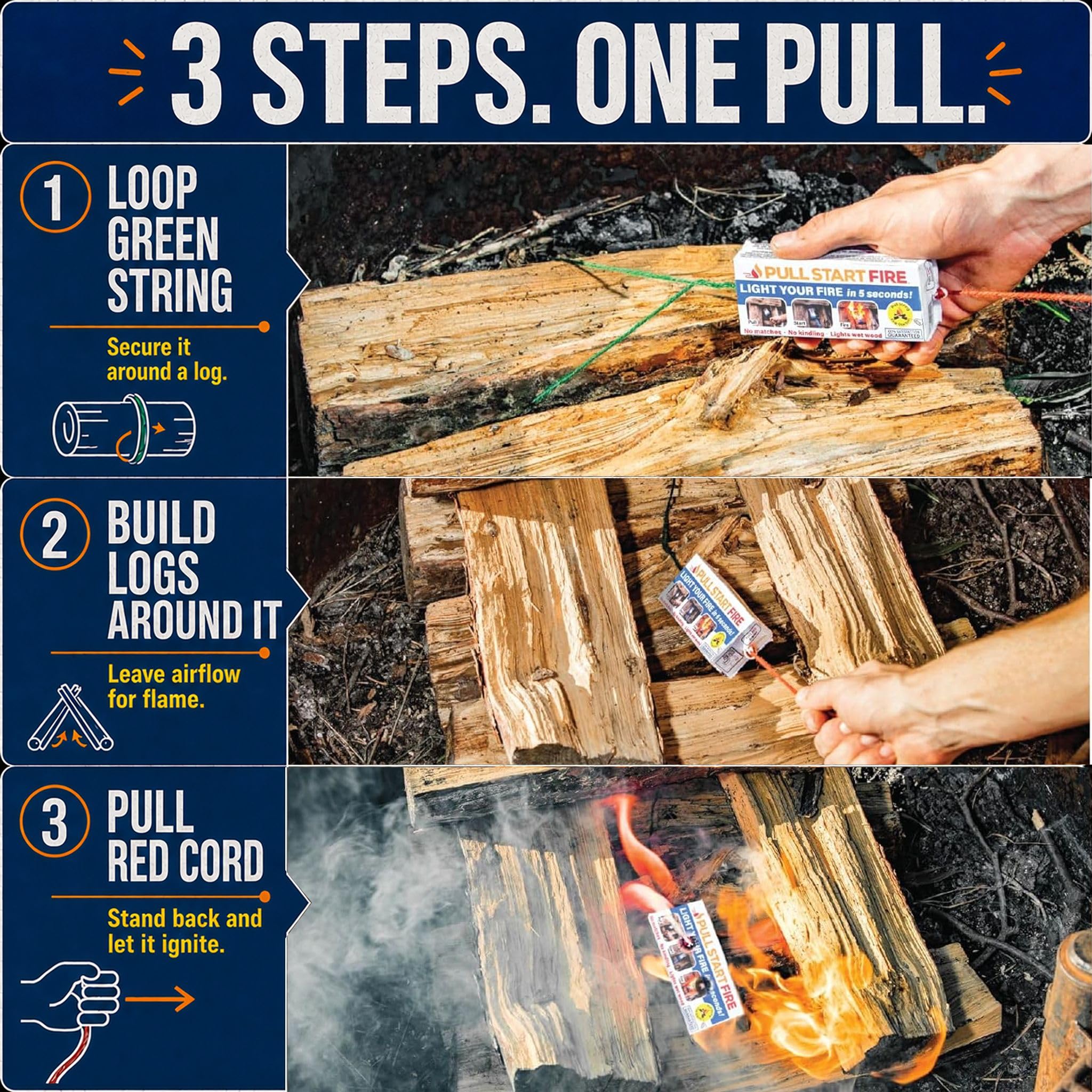 Pull Start Fire 30 Stück Anzünder für drinnen und draußen oder Camping, wetterfest