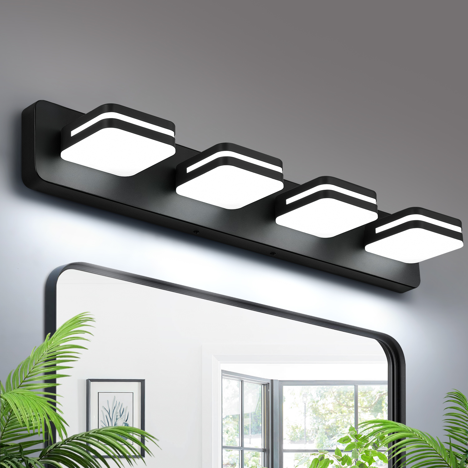 Image of Torondo 360 Rotate LED Bathroom Vanity Light Fixtures, Acrylic Vanity Lights for Bathroom, Modern Wall Lighting Fixtures Over Mirror Living, Matte Black, 100%-0% Natural White, 4-Light, 27-Inch