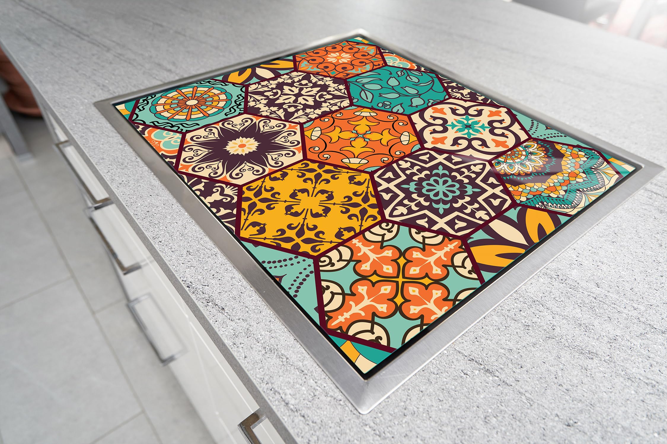 TMK ArtDeko Copri Piano Cottura A Induzione | Vetro Temperato 70x52 Cm | 4 Mm Con Stampe Floreali Rosa | Protezione Schizzi E Tagliere
