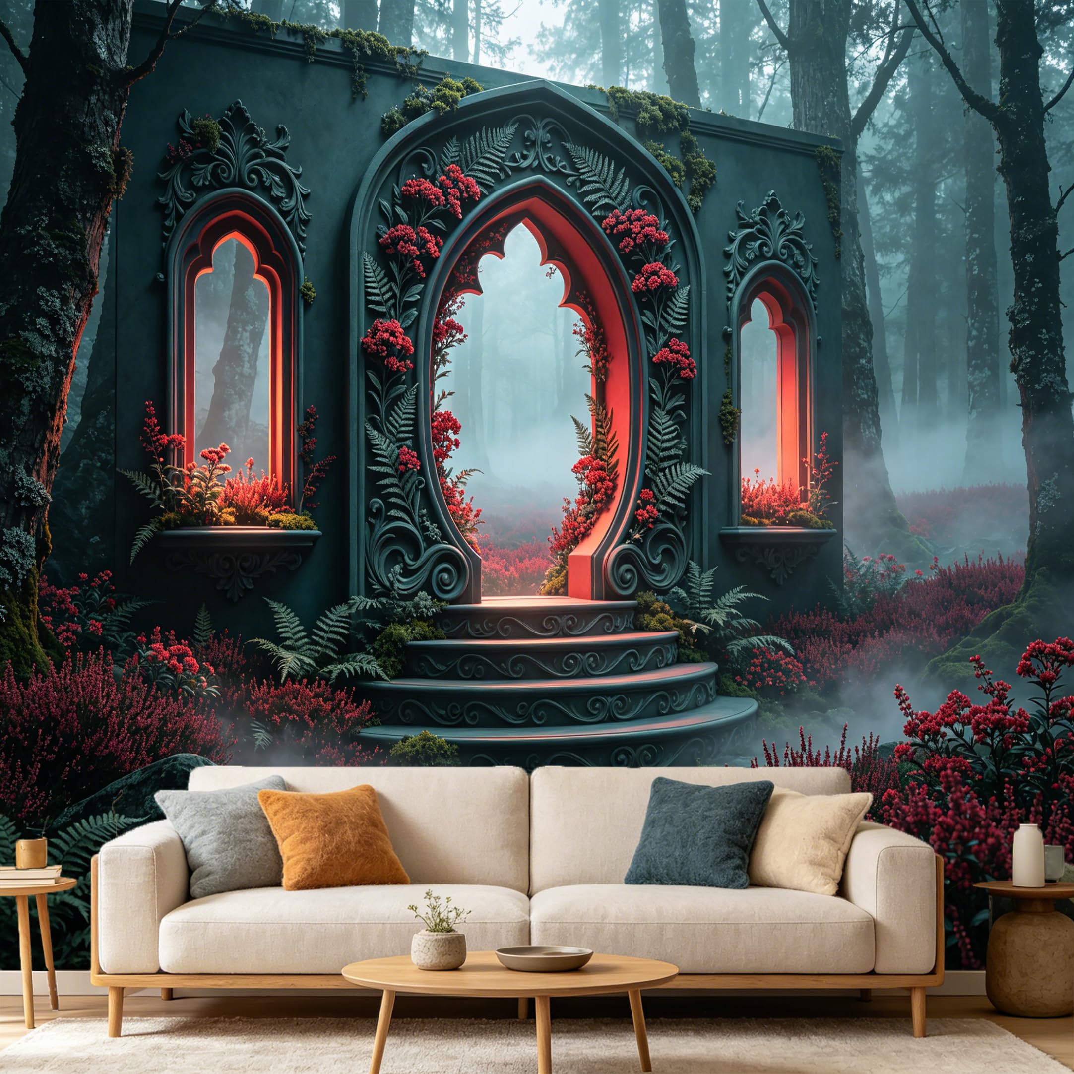 Custom Size Wall Mural， Gothic Forest Archway Red Flowers Botanical 3D， SelfAdhesive Art Prints wall Fabric Removable Large Wallpaper Home Living Room Decor