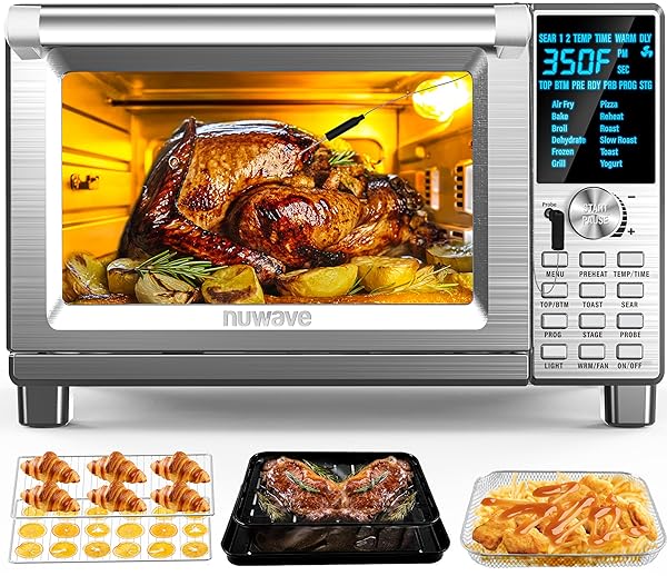Nuwave Bravo Air Fryer Toaster Smart Oven, 12-in-1 Countertop Convection, 30-QT XL Capacity, 50°-500°F Temperature Controls, Top and Bottom Heater Adjustments 0%-100%, Brushed Stainless Steel Look