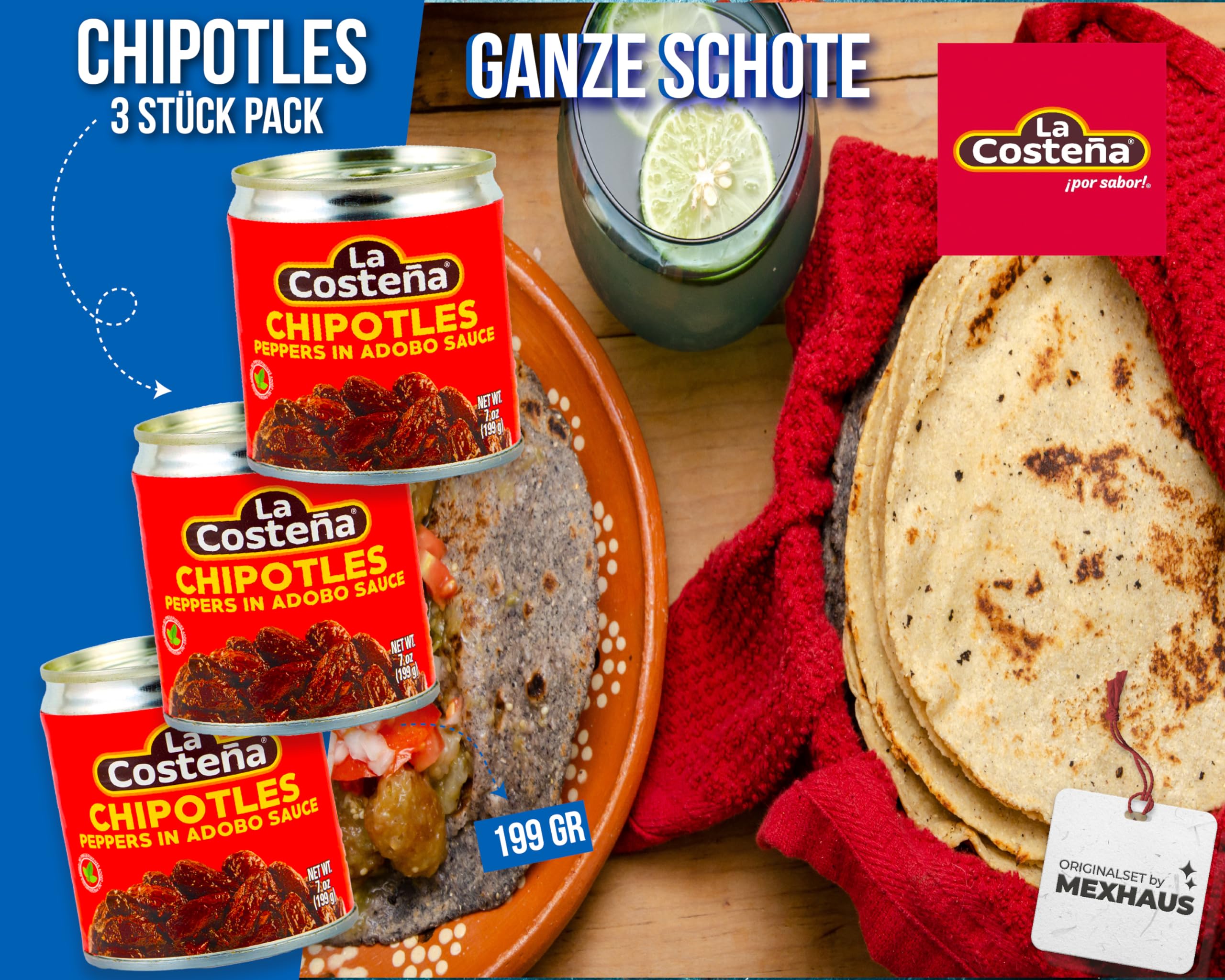 Chipotle Chili in salsa Adobo di La Costeña - Confezione da 3 (199 g ciascuno) - Peperoncini piccanti in salsa di pomodoro piccante - Ideale per piatti messicani