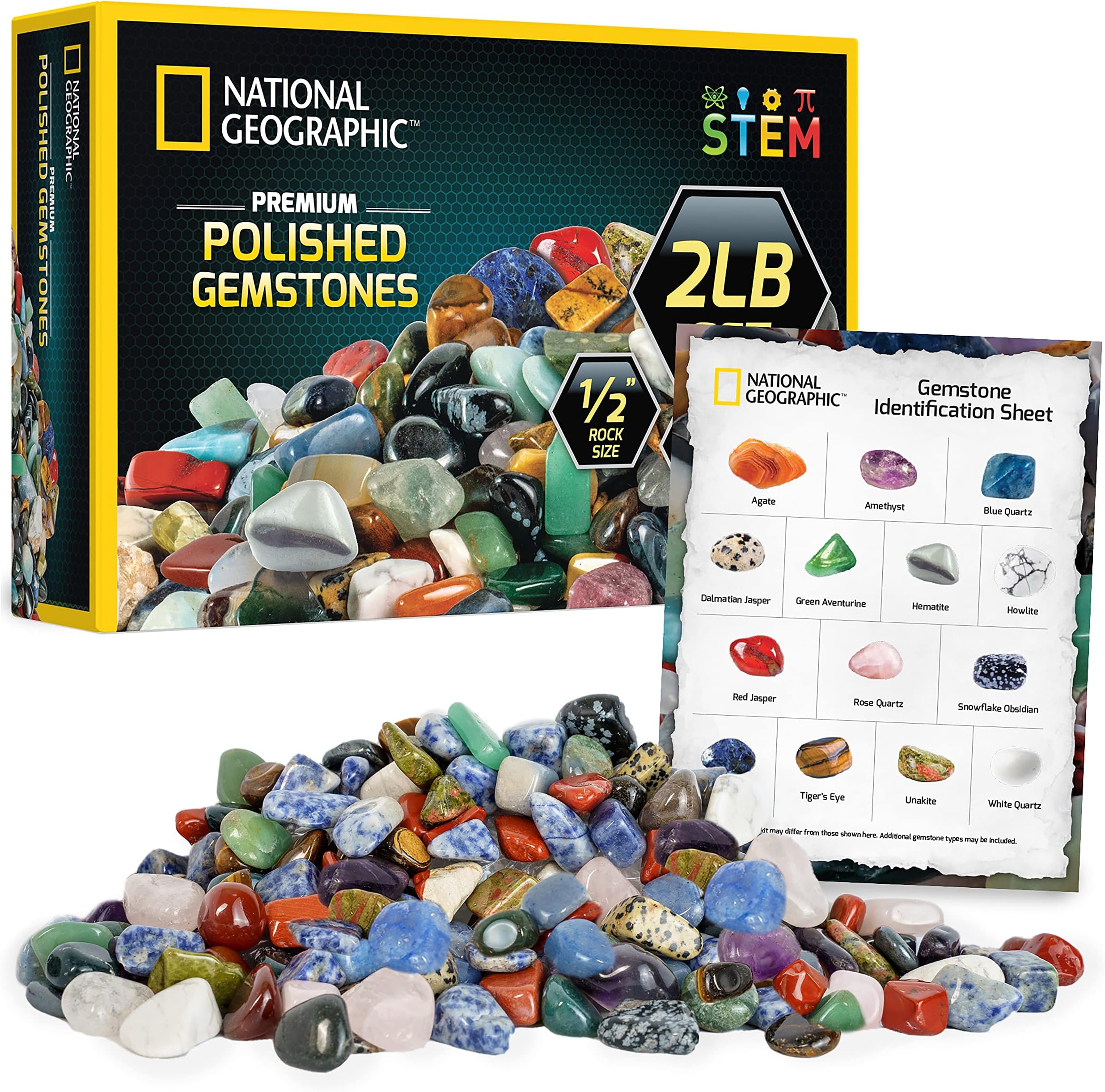 National Geographic Premium Polished Stones - 2 Pounds of 1/2-Inch Tumbled Stones and Crystals Bulk, 4500+ Carats, Rock and Mineral Kit, Rocks for Kids, STEM Toys