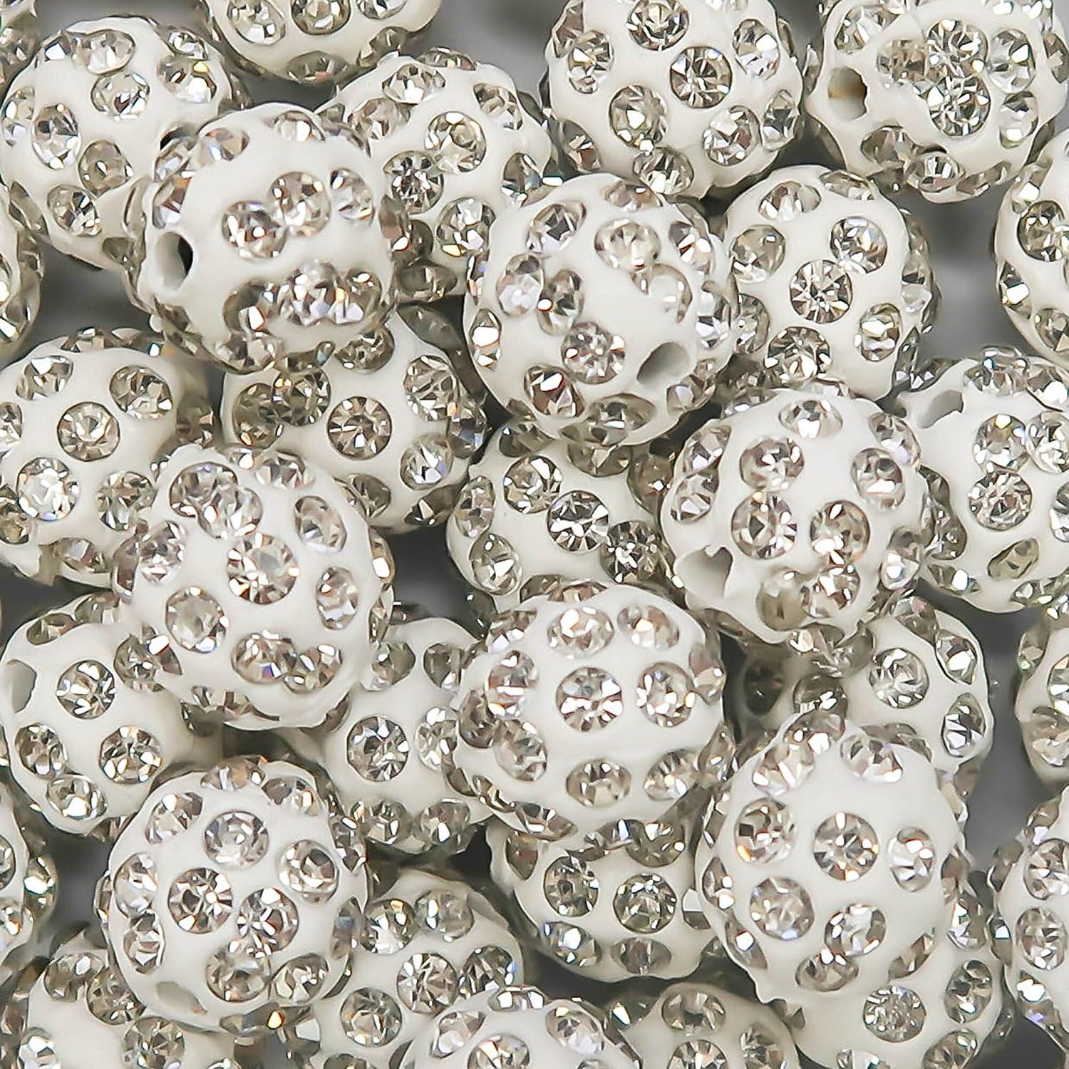 TOAOB 100pcs 10mm White Round Polymer Clay Spacer Beads Clear Rhinestone Ball Beads for DIY Crafts Bracelets Necklaces Earrings Jewelry Making