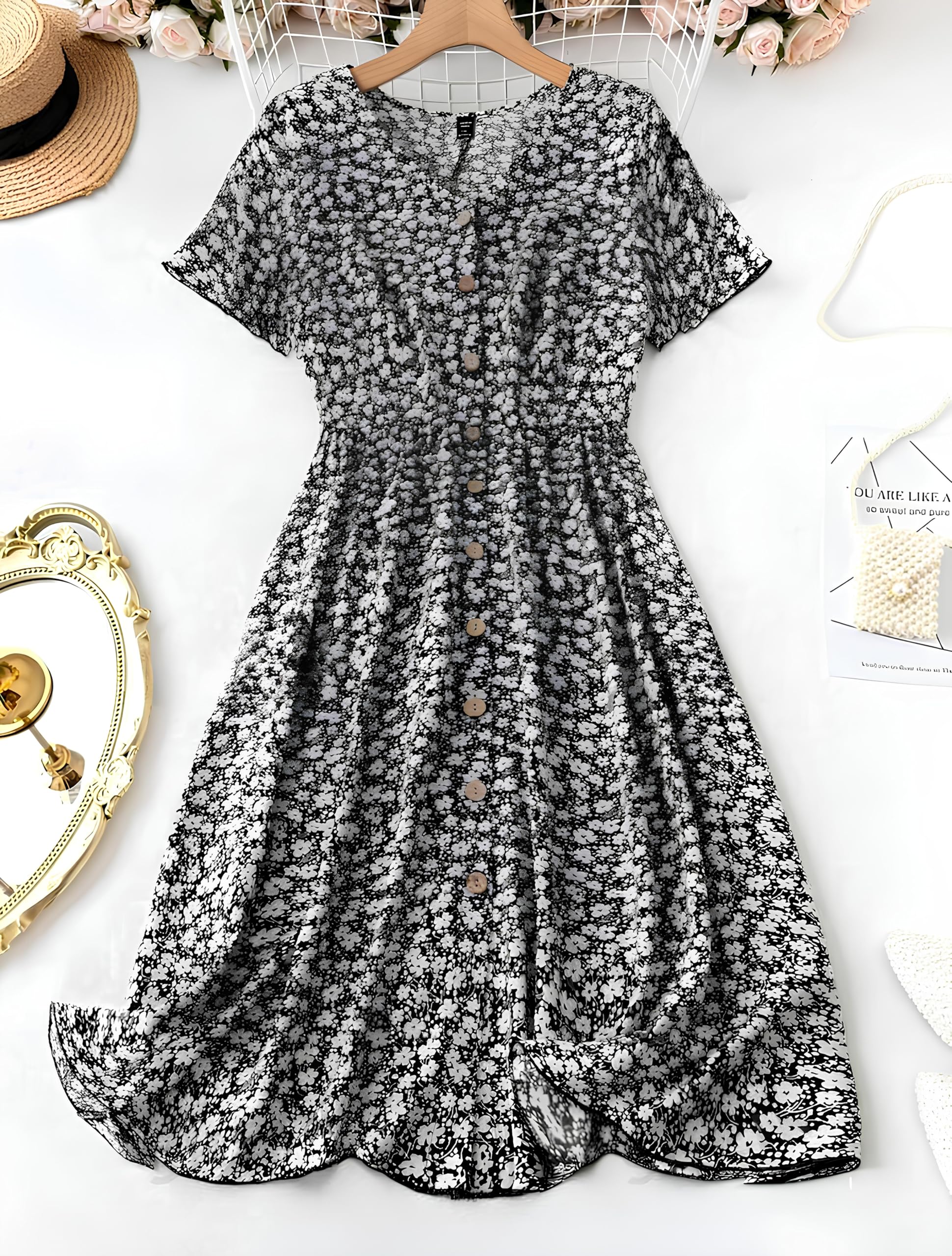 Gufrina Women's Abstract Floral Print A-Line Dress - Button-Down Midi Dress With Short Sleeves (Black Xl)