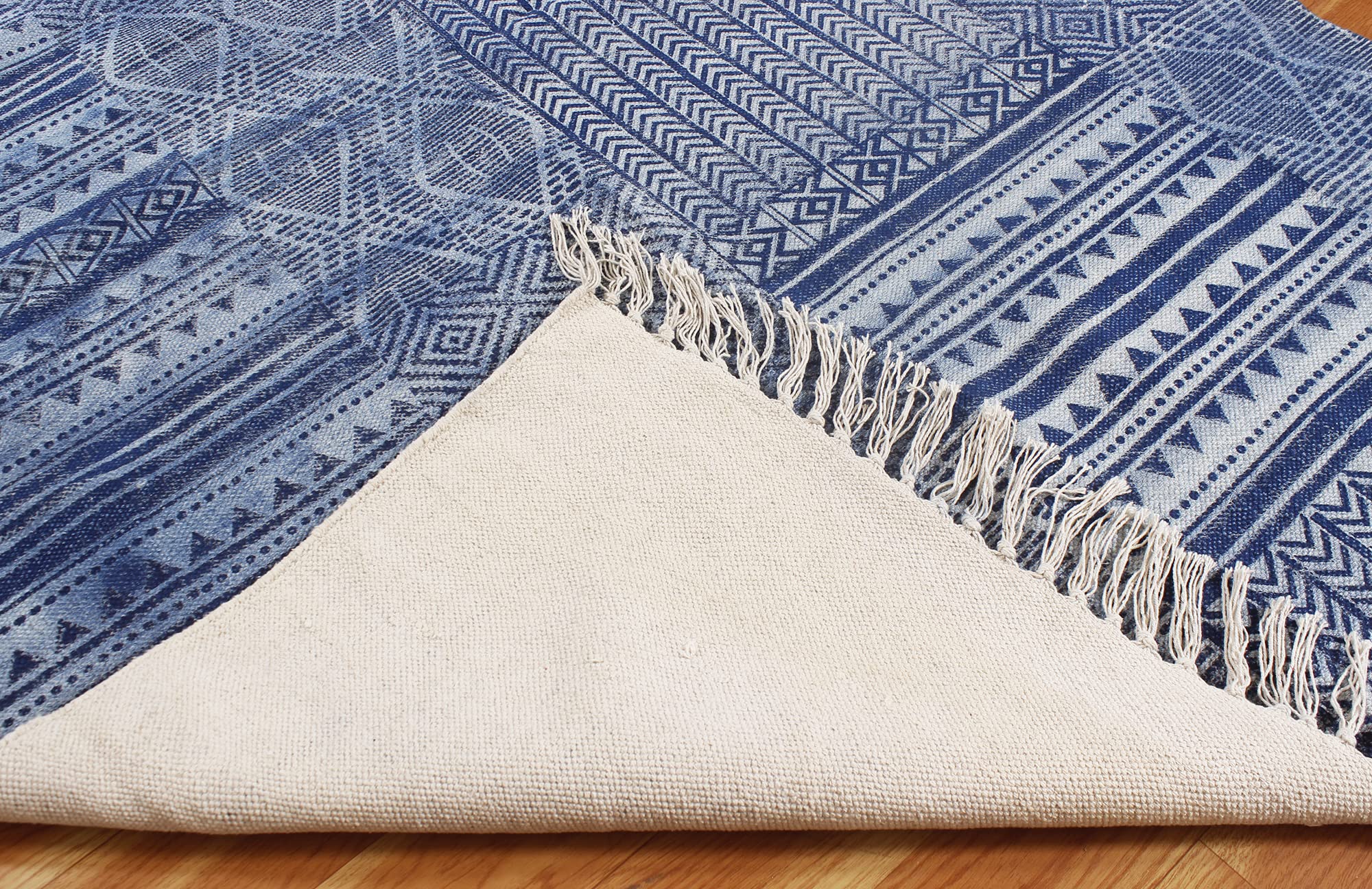 Tappeto indiano fatto a mano, 100% cotone, stampa astratta, blu, tappeto kilim, tappeto da bagno in cotone, tappeto per camera da letto, 180 x 240 cm
