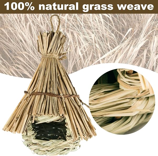 BESCH Pack 2 Nidos para Pájaros Pequeños de Hierba Natural 16x16x19cm Tejado Plano - Casita de Pajaro Colgante Exterior - Casa Pajaro Jardín - 3