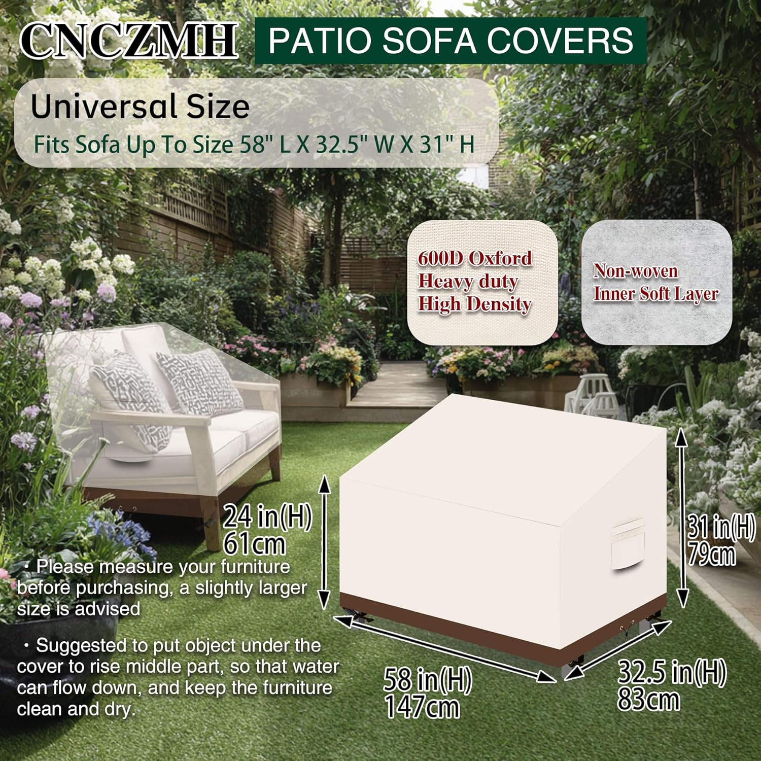 Heavy Duty Patio Sofa Covers Waterproof, Outdoor 3-Seater Couch Cover Waterproof, 600D Outdoor 2-Seater Loveseat Furniture Covers with Air Vent Handle 58''W x 32.5''D x 24''H/ 31''H Beige Brown