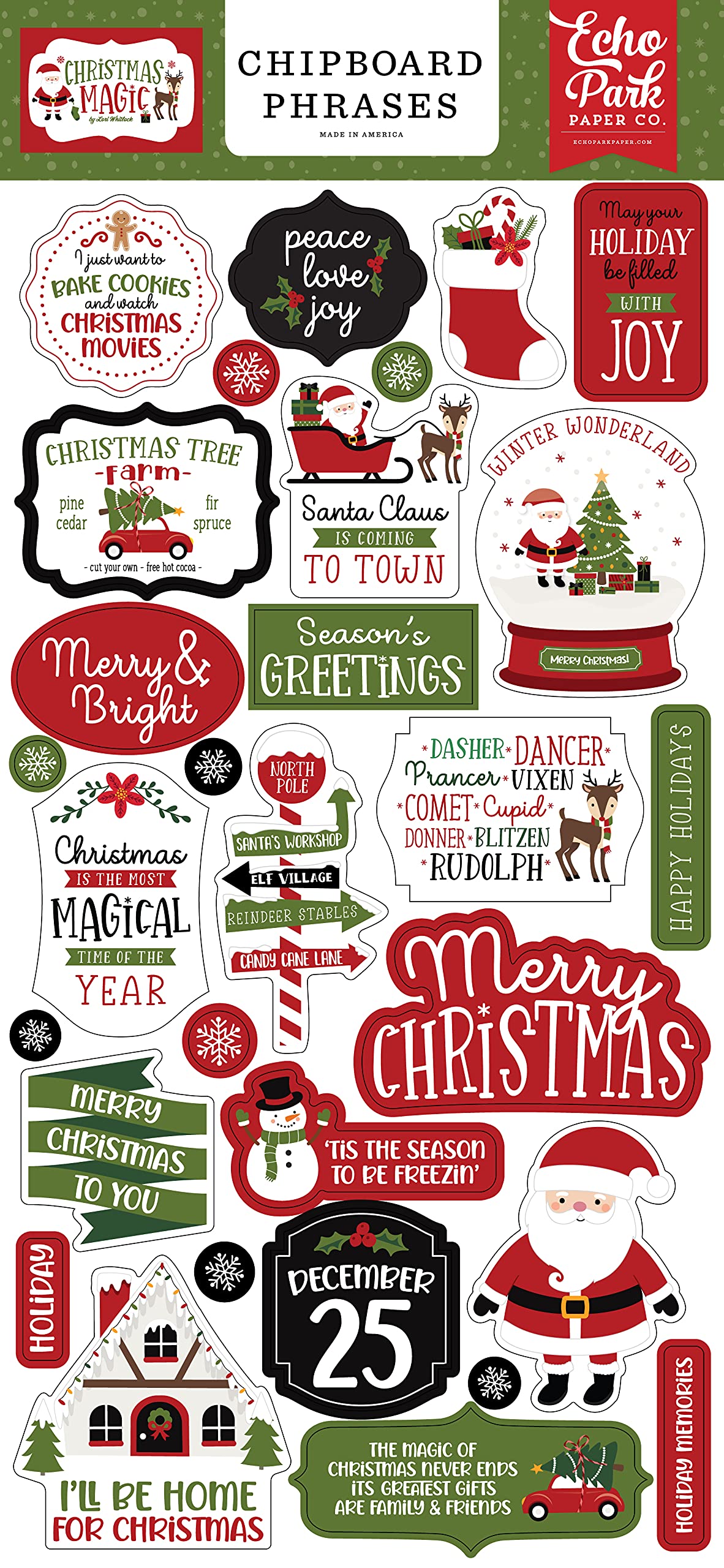 Echo Park Paper Co. Christmas Magic 6x13 Phrases chipboard, Multi