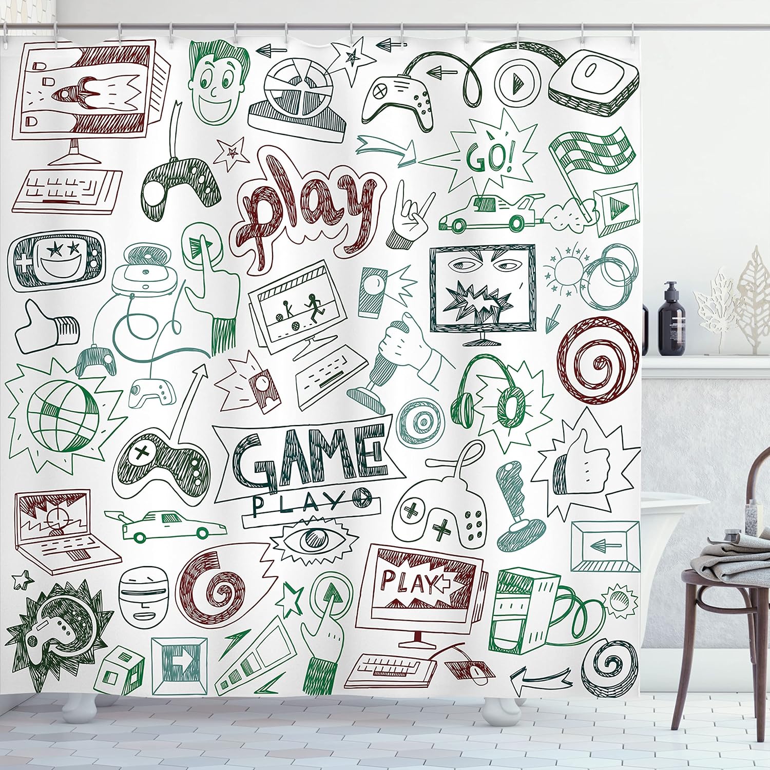 Ambesonne Video Games Shower Curtain, Monochrome Sketch Gaming Design Racing Monitor Device Gadget Teen 90's, Cloth Fabric Bathroom Decor Set with Hooks, 69" W x 84" L, Slate Blue