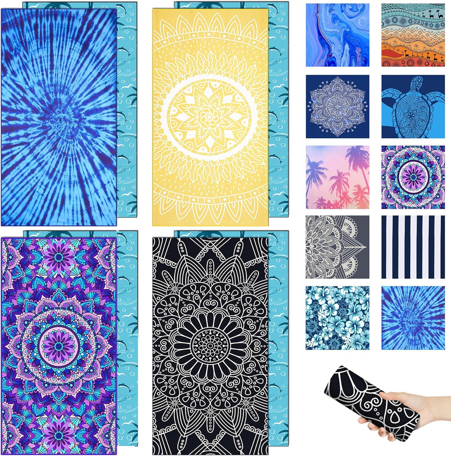 4 Packs Sand Proof Microfiber Beach Towels Adult –Quick Fast Dry Beach Oversized Accessories for Travel Swim Pool Yoga Camping Blanket Essentials Lightweight Must Haves Items Women Gifts Boho Mandala