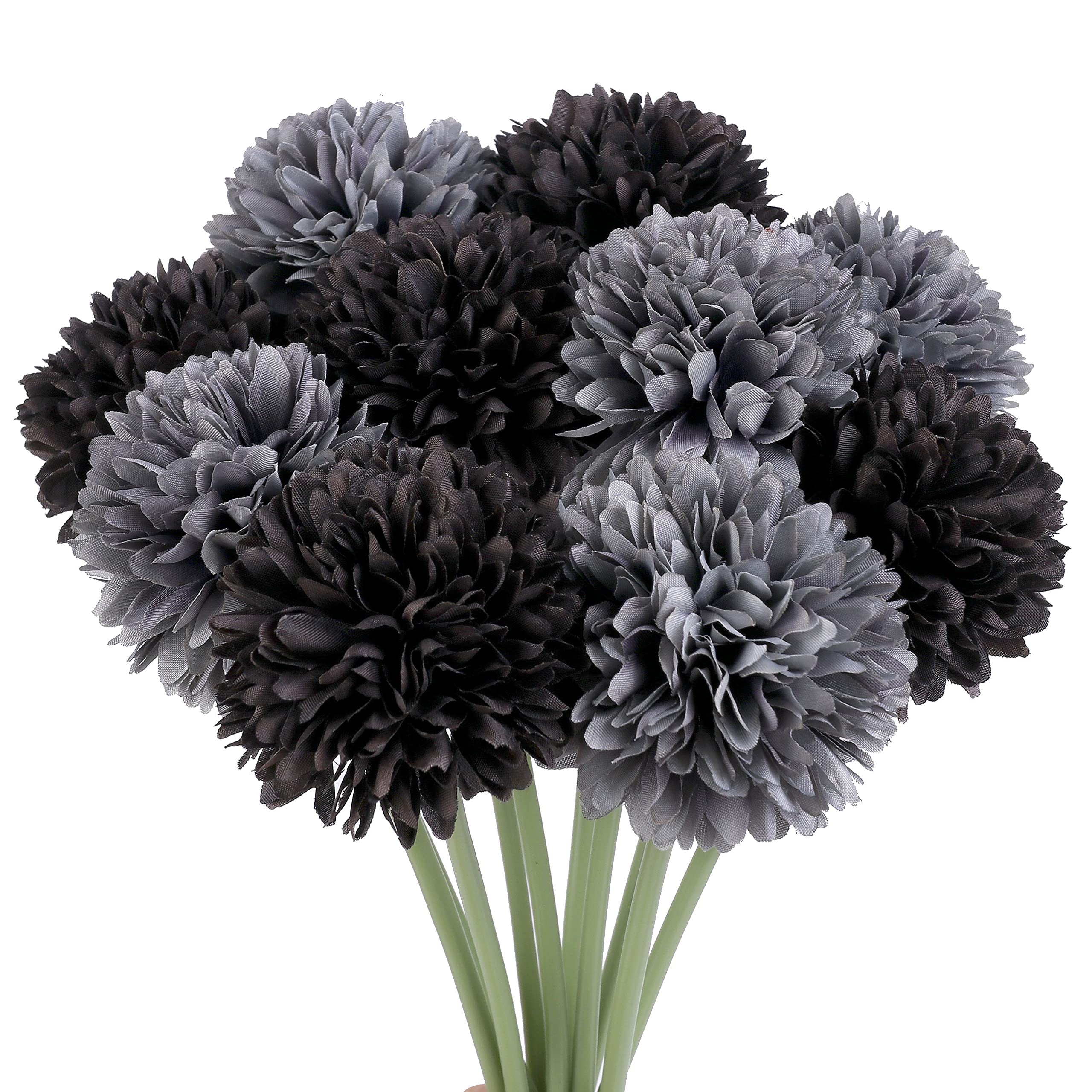 Jim's Cabin Artificial Flowers 10 Pcs Fake Silk Artificial Chrysanthemum Ball Hydrangea Bridal Wedding Bouquet for Kitchen Home Decor (Black,Grey)