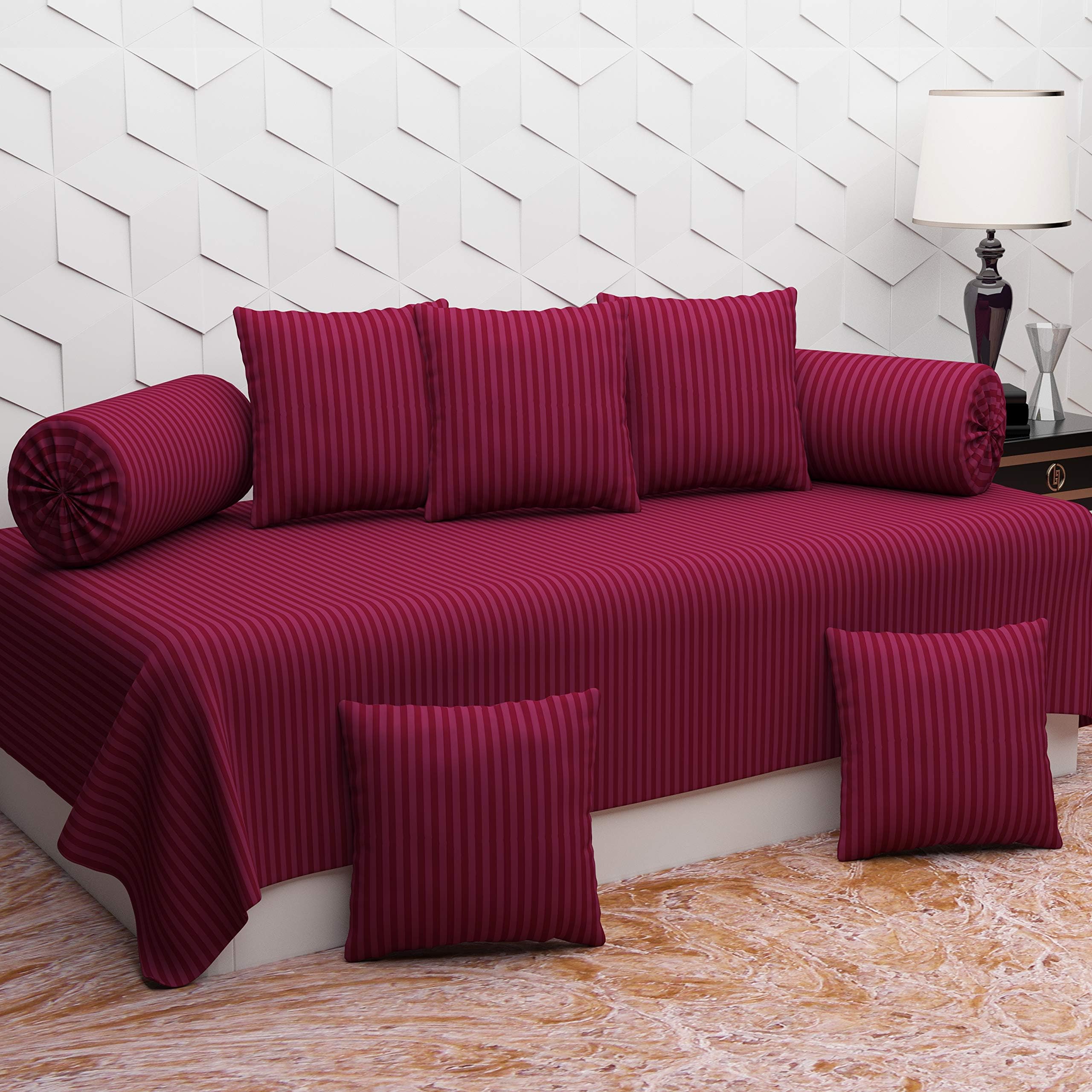 Microfiber Solid & Striped 8 Pieces Diwan Set with Single bedsheet, 5 Cushions Covers and 2 Bolster Covers (Dark Wine)