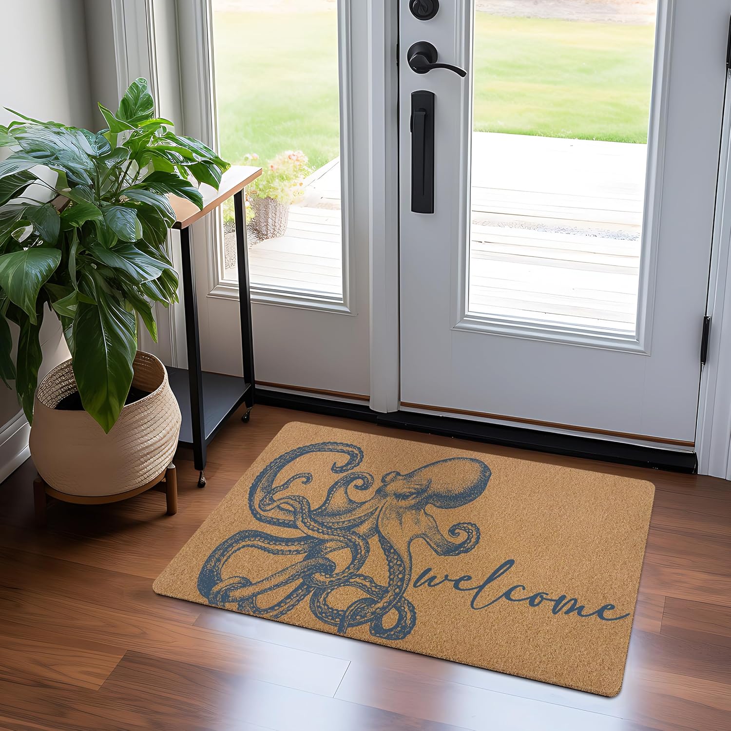 Coastal Octopus Door Mat, Nautical Octopus Welcome Front Door Mat Outside Entrance, Coastal Ocean Beach Artificial Coir Doormat Rugs for Indoor Porch Patio Entryway Outdoor, 17x30 in