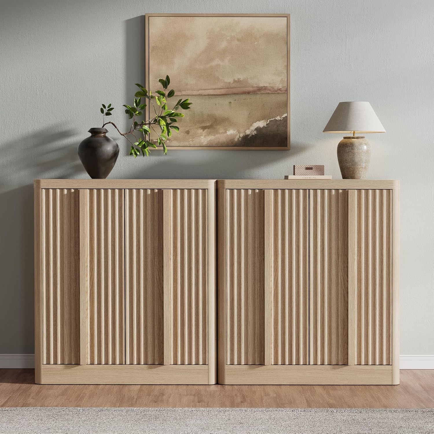 Fluted Buffet Cabinet with Storage, 120"Sideboard Buffet Cabinet with 8 Door-Modern Credenza Storage Cabinets with Adjustable Shelves, Solid Wood Handles for Kitchen, Living Room, White Alder(2PC)