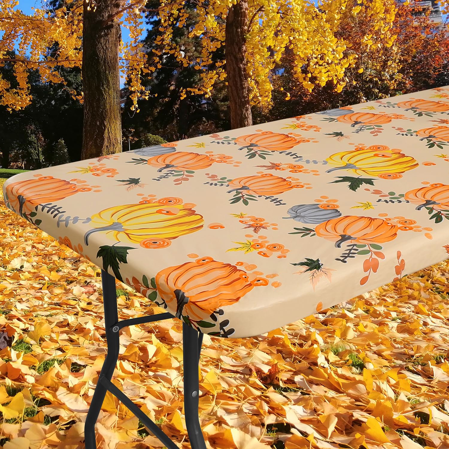 Smiry Plastic Thanksgiving Tablecloth, Pumpkin Waterproof Elastic Fitted Table Covers for 8 Foot Tables, Wipeable Flannel Backed Vinyl Tablecloths for