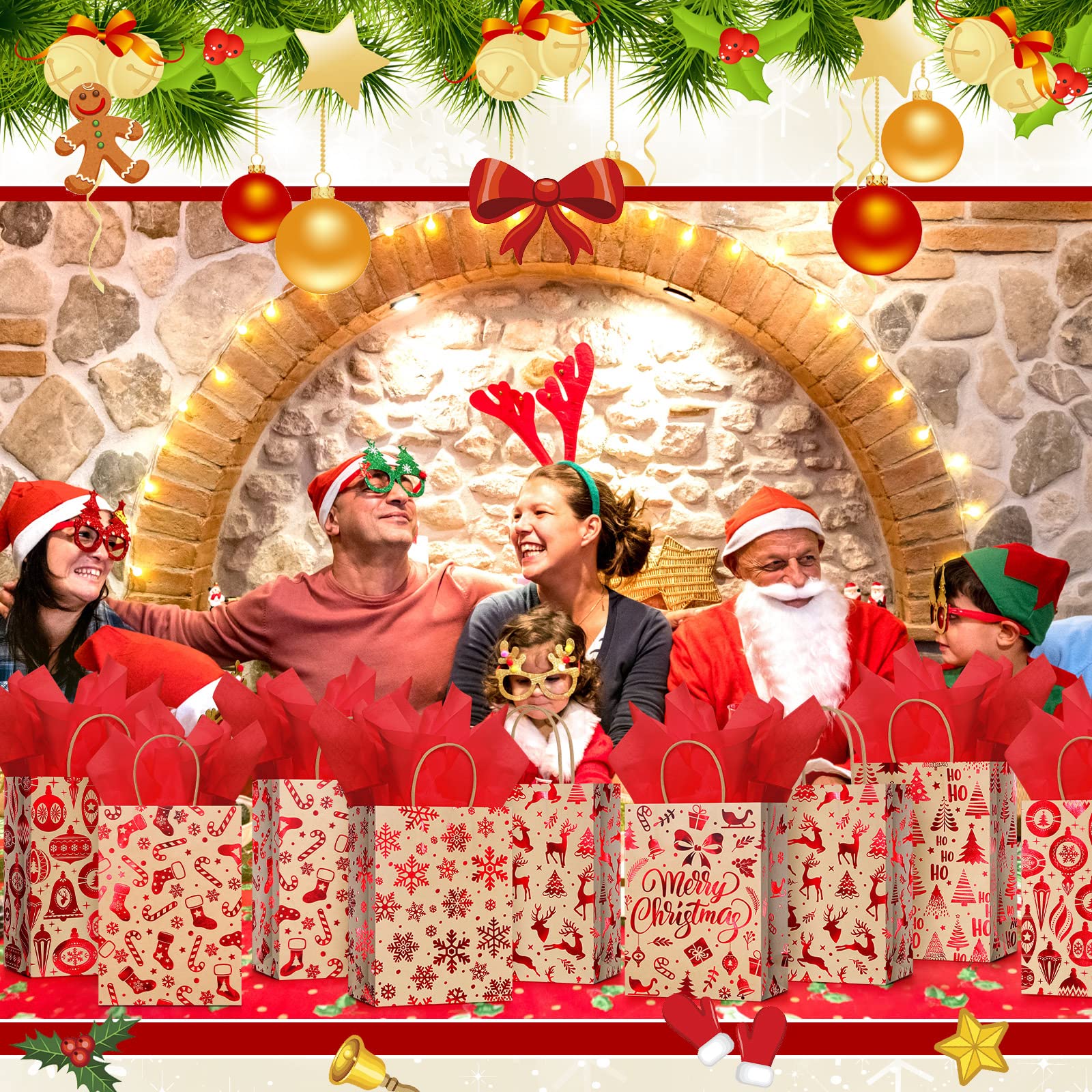 24 bolsas de regalo de Navidad con papel de seda, bolsas de regalo de Navidad con asas a granel para envolver regalos de Navidad, suministros de fiesta de vacaciones (copo de nieve rojo, mediano)