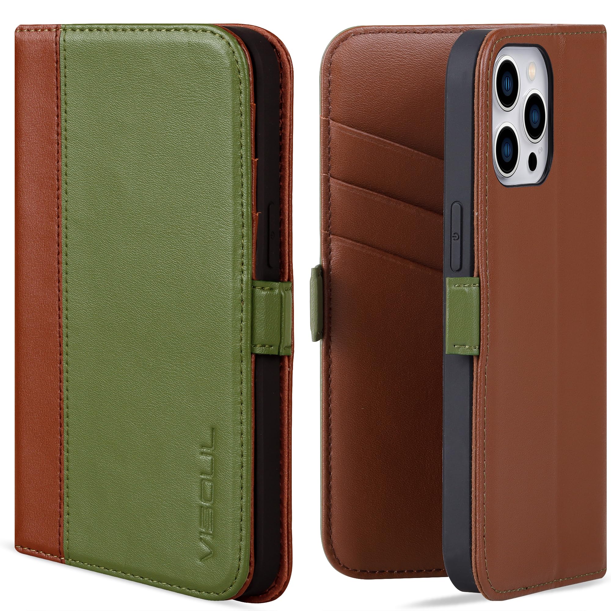 VISOUL Phone Case Wallet for iPhone 15 Pro, Genuine Leather Folio Case with Card Holder Magnetic Flaps Closure Flip Cover Designed for iPhone 15 Pro(