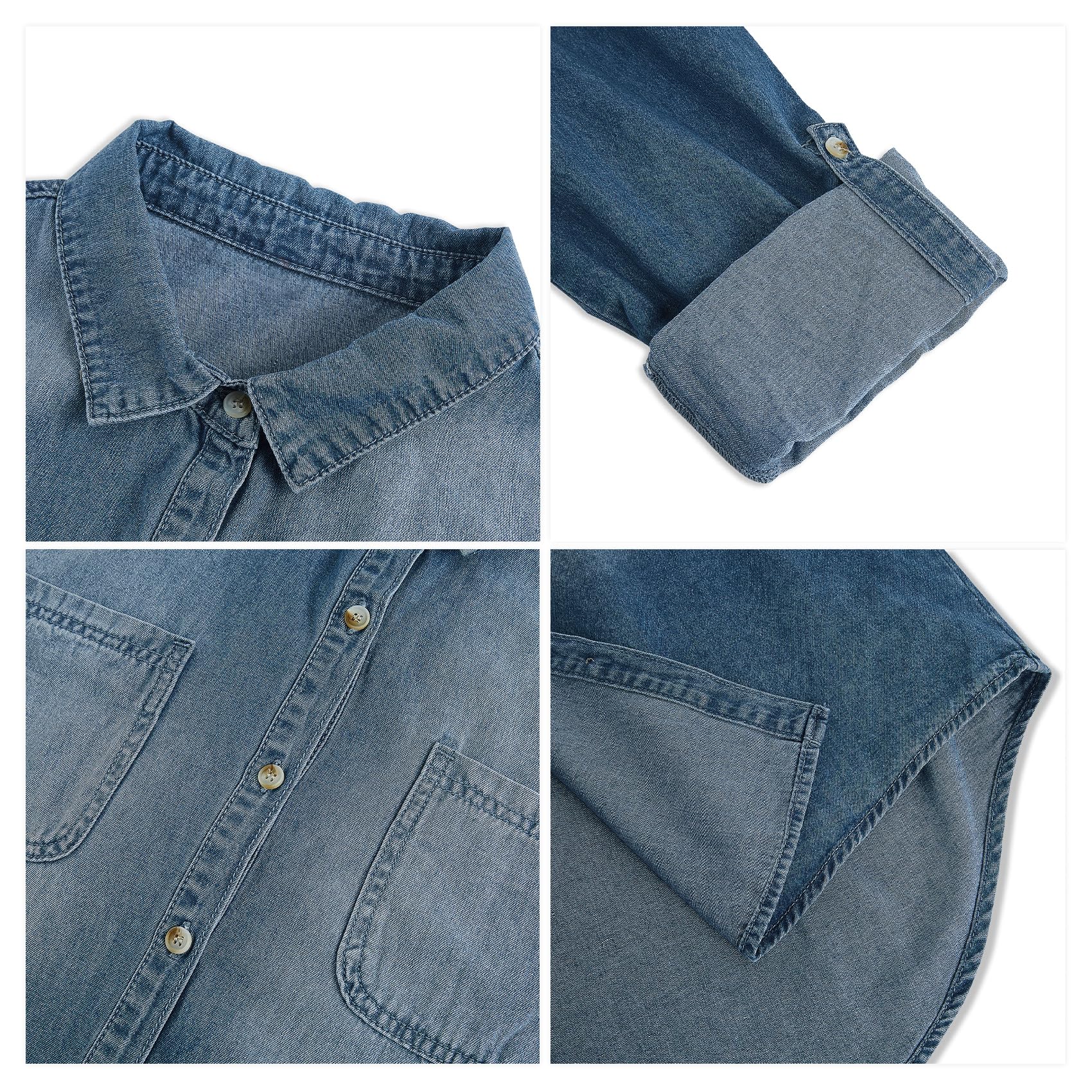 Camicia da donna in jeans a maniche lunghe, morbida, in denim, casual, per primavera, autunno, con tasche sul petto