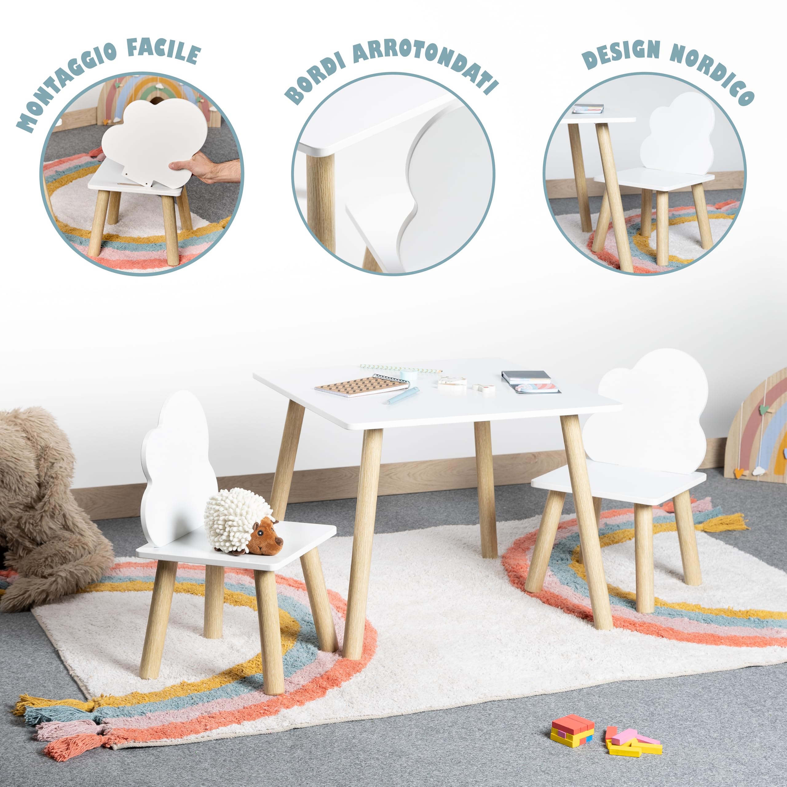 Set Tavolino E 2 Sedie Per Bambini KYWAI - Legno Di Pino, Colori Bianco/verde/rosa, Et&agrave; 3+