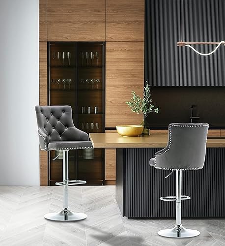 Miniatura 9 de BTEXPERT - Taburete de comedor tapizado de 25 a 33 pulgadas con respaldo alto, taburete de barra con cabeza de clavo copetudo negro (1)