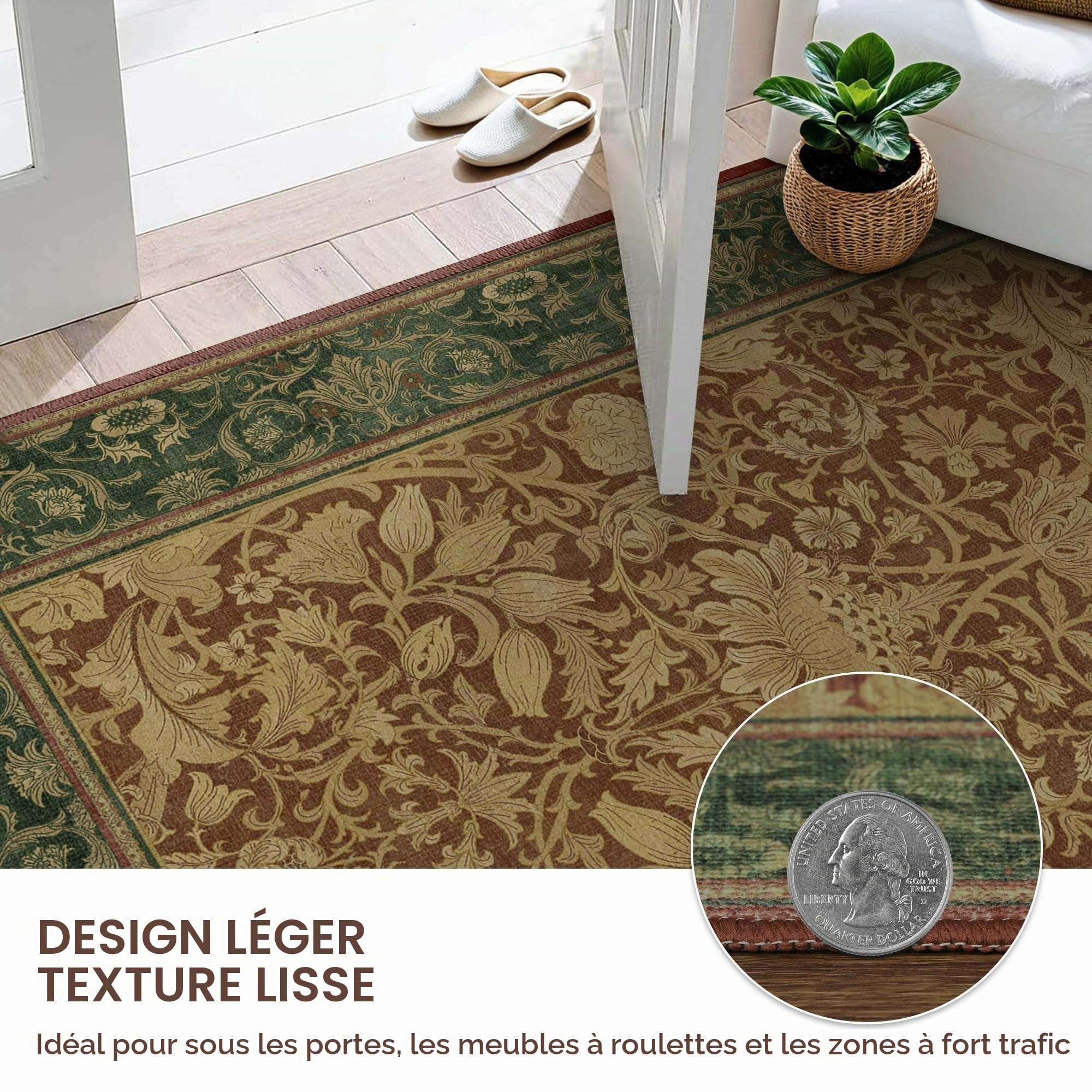BEIMO Tapis Salon Vintage 160x230cm Lavable en Machine Rug | AntidéRapant Poil Ras, pour Chambre Salle a Manger Descente de Lit Bureau, Cuisine,Vert Olive et Marron