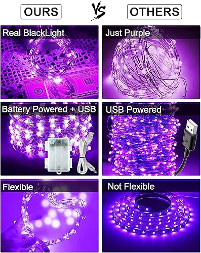 Miniatura 3 de Paquete de 2 luces negras UV, funciona con pilas, 16.4 pies 2835 LED UV, cuentas de lámpara UV, 8 modos, luces negras flexibles, luces de hadas con