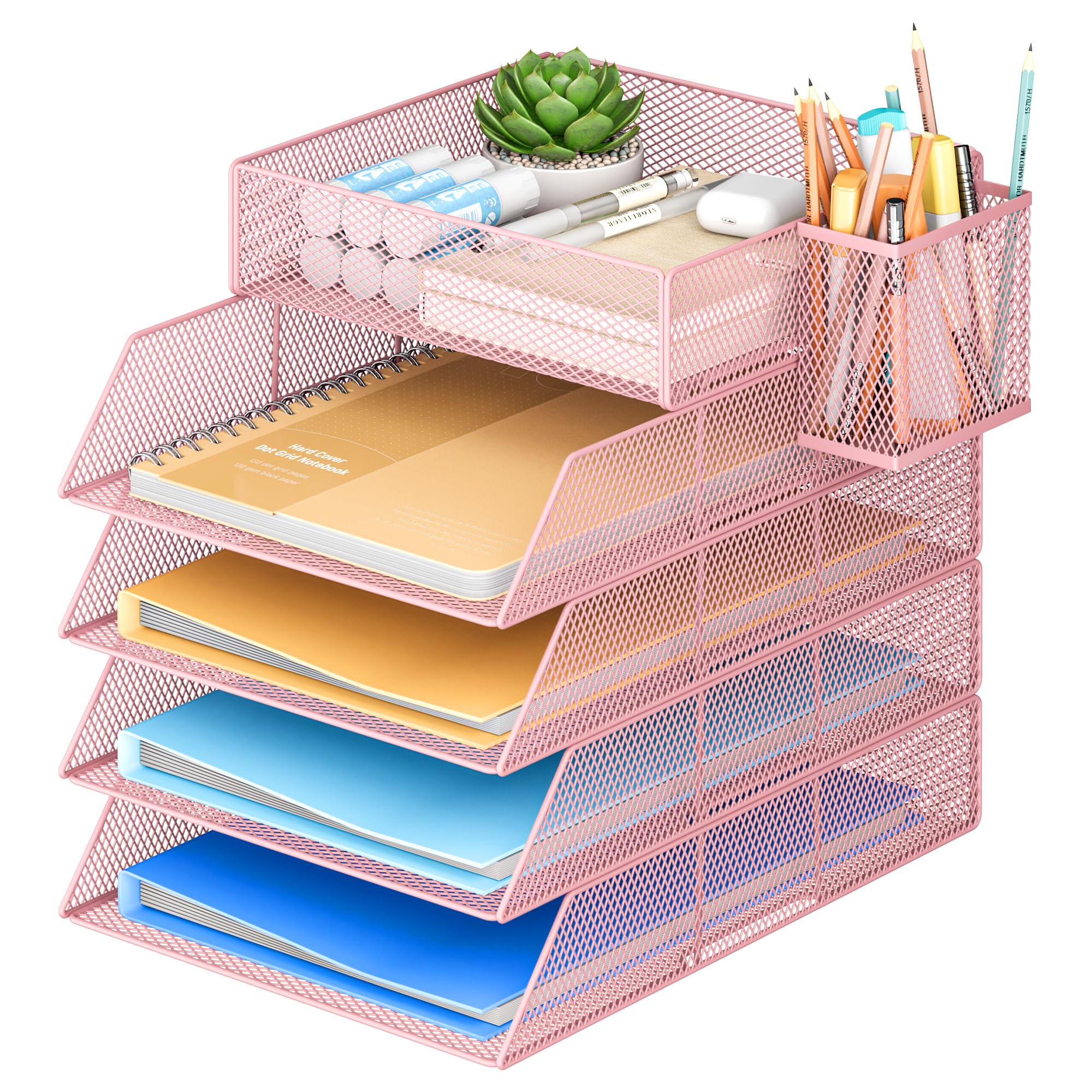 VITVITI 4 Tier Stackable Letter Tray for Office Tidy with 1 Flat Compartment, 1 Pen Holder, Desk Paper Organiser File Trays for Office Desk Accessories - Pink