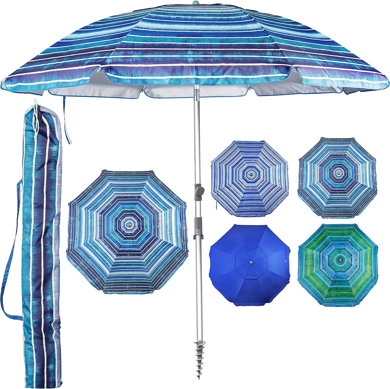Ridota 7.2' Beach Umbrella with Sand Anchor, Outdoor Portable Beach Umbrella for Sand with Tilt Pole, Carry Bag, Air Vent, Purple Stripes