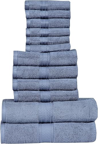 HILLFAIR Juego de 12 toallas de algodón de 21.16 oz/m², 2 toallas de baño, 4 toallas de mano, 6 toallas de baño, toallas absorbentes de algodón Azul