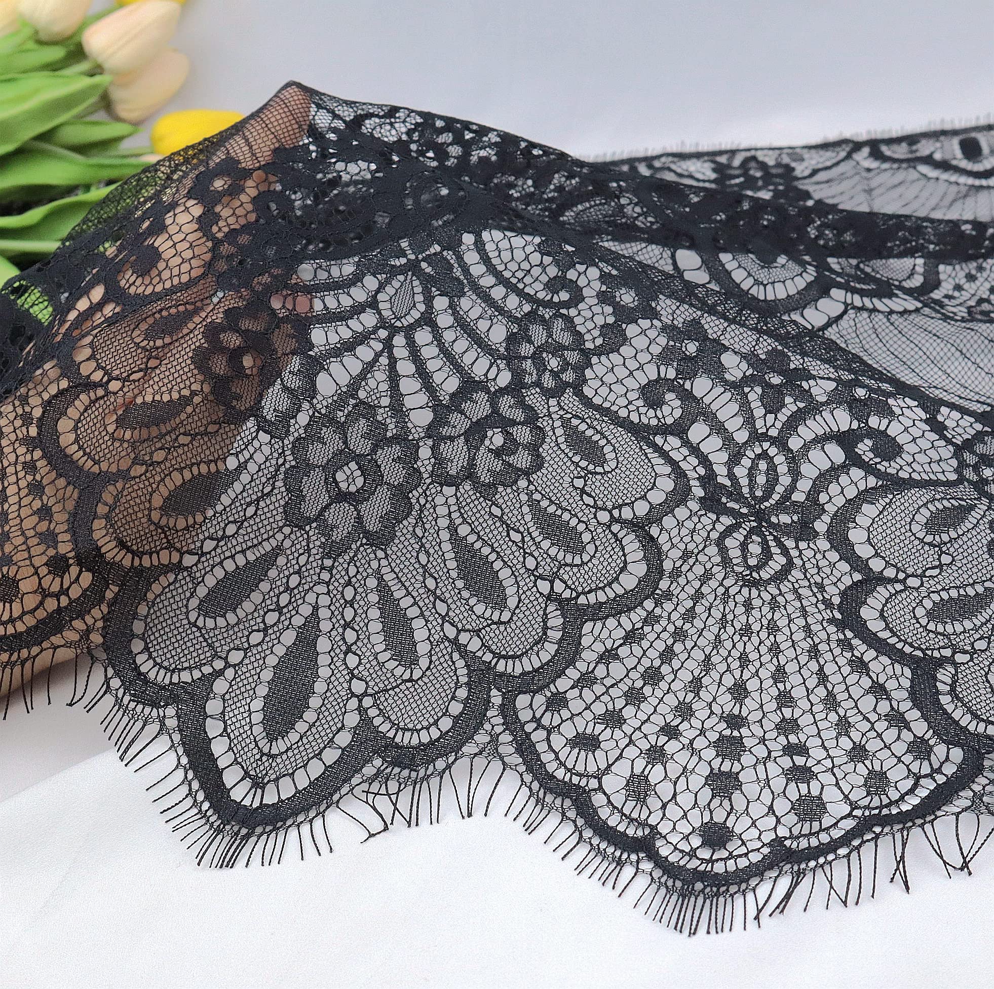 ZNZAKKA Black Lace Trim, Wide Eyelet Lace Ribbon, Floral Scalloped Edge Trim for Sewing, Crafts, Wedding Decoration (18 Inch×3 Yards)