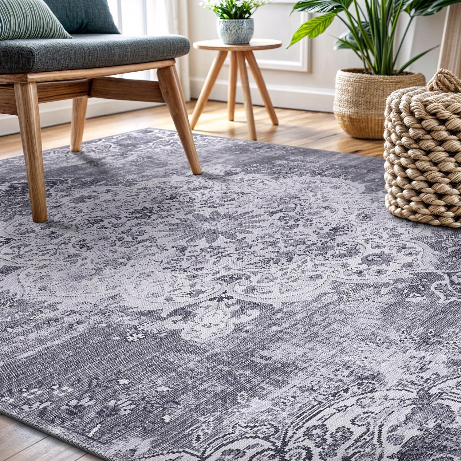 CAMILSON Machine Washable Area Rug 8x10 Gray Thin Distressed Vintage Medallion Durable & Easy to Clean Carpet for Living Room Bedroom Dining Room Indoor Use (8 x 10 Gray)