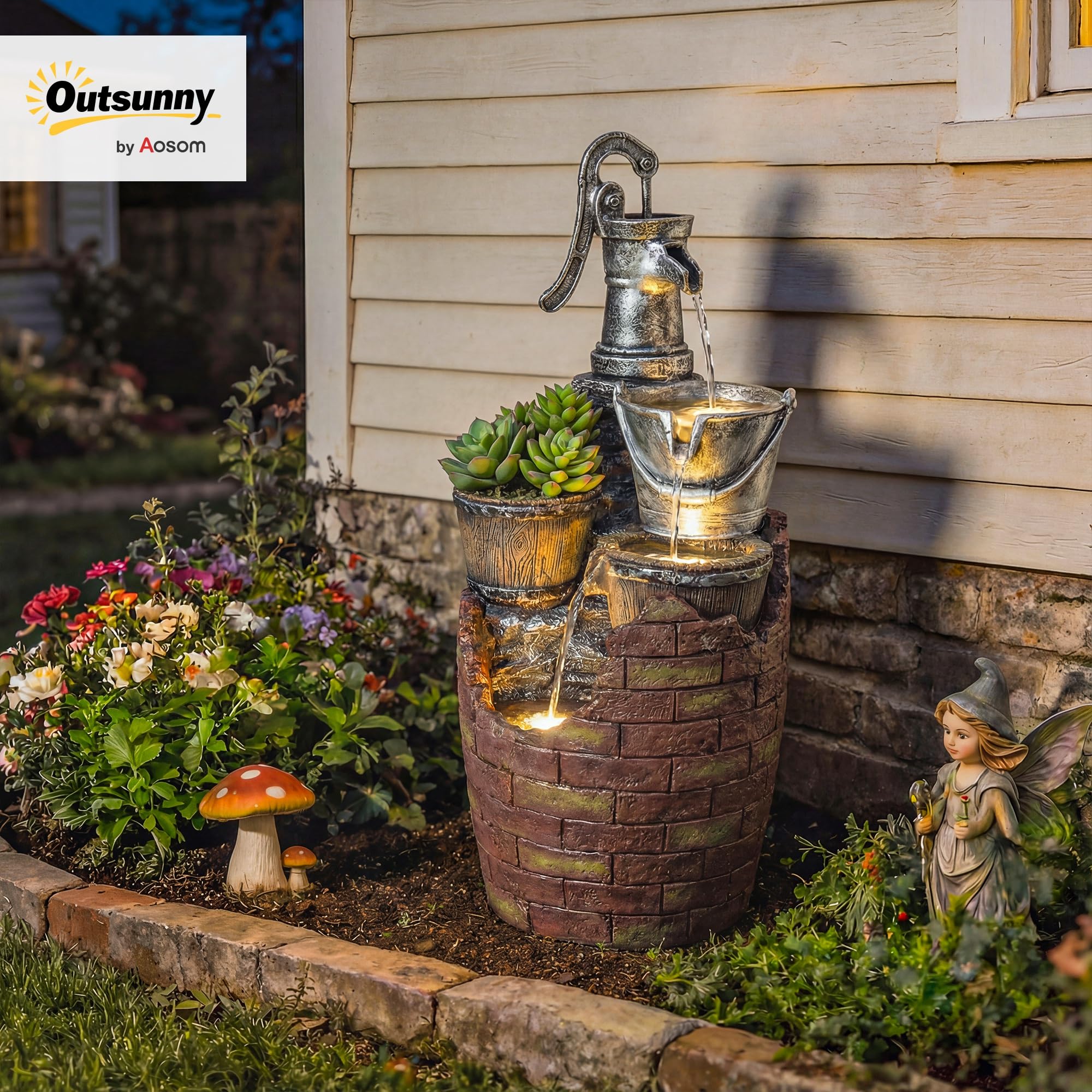 Outsunny Springbrunnen 4-stufig rustikal Gartenbrunnen mit LED Beleuchtung Pflanzkübel Pumpe, Verstellbar Zimmerbrunnen Terrassenbrunnen Wasserspiel Zierbrunnen für Garten Rasen 34 x 31 x 76 cm