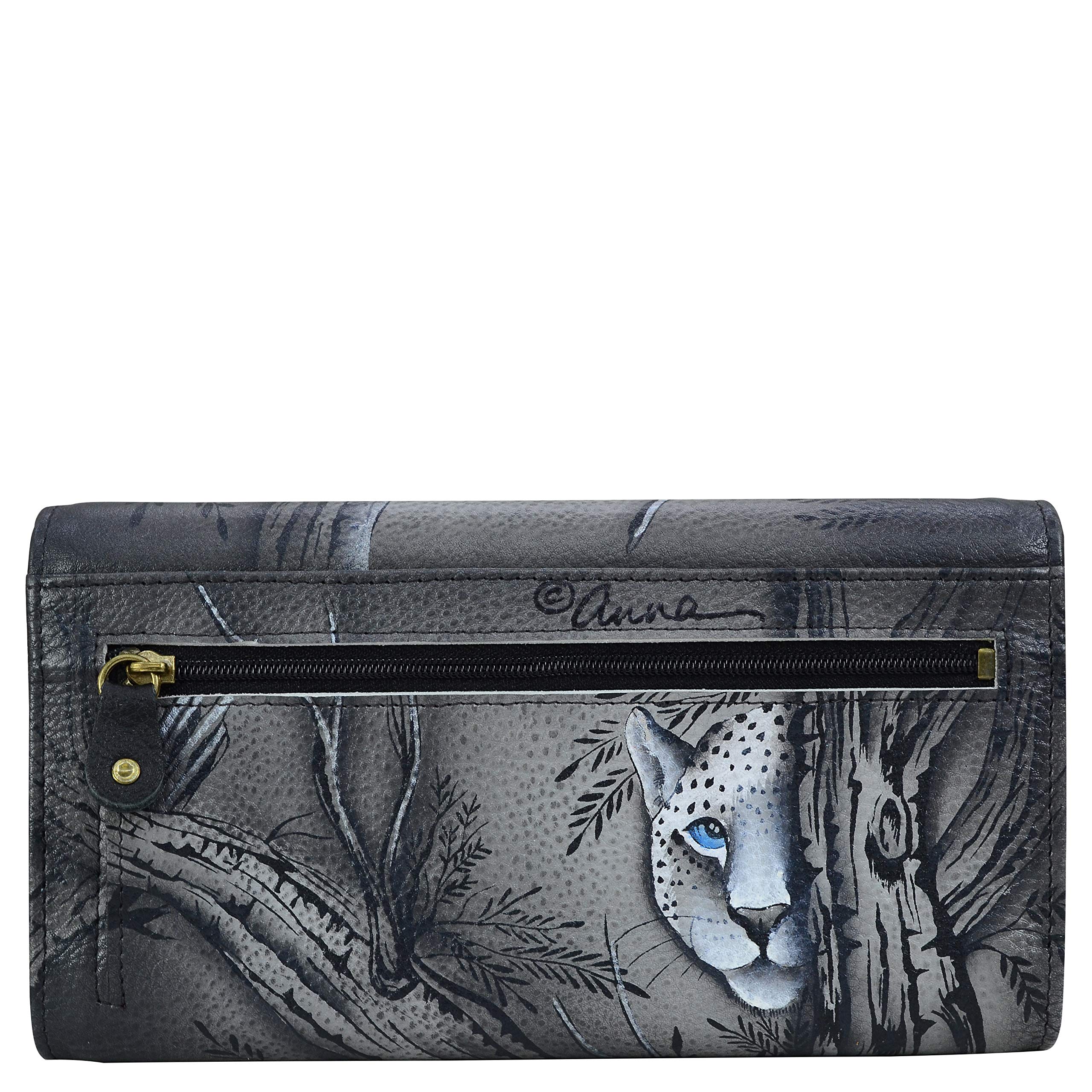 Anna by Anuschka Women's Genuine Leather Three Fold Organizer Wallet, ręcznie malowany, oryginalny Artwork, Afrykańska pantera - jeden rozmiar