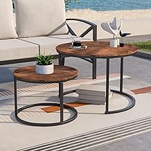 BOFENG Round Nesting Coffee Table Set of 2 End Tables for Living Room,Balcony, Modern Stacking Side Tables,Sturdy Wood Look Accent Furniture with Metal Frame,Easy Assembly,Black/Brown Oak