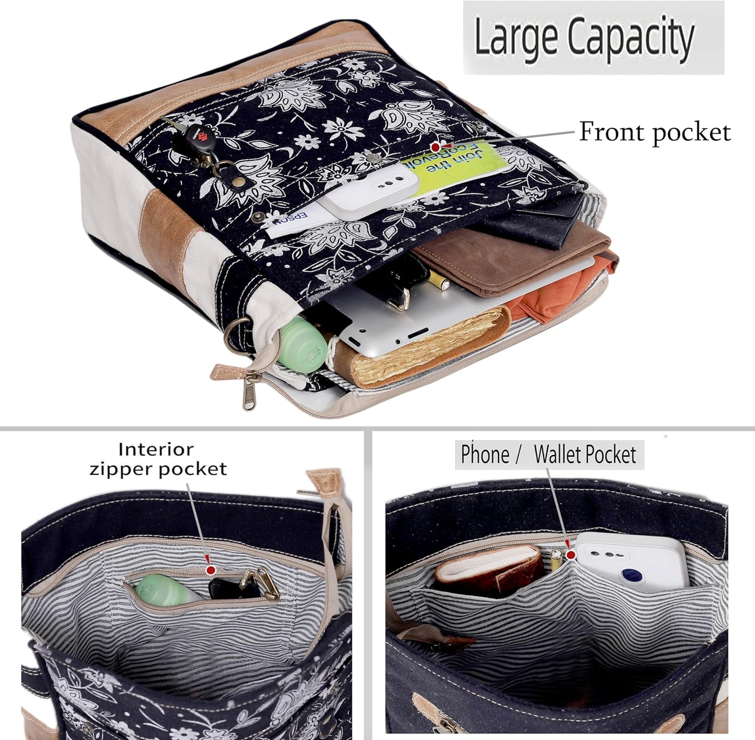 CLA Bags SEL de MER Upcycled Off-White Blossom Print Canvas & Leather Shoulder Bag, Canvas Crossbody Bags for Women (Black) - Image 4