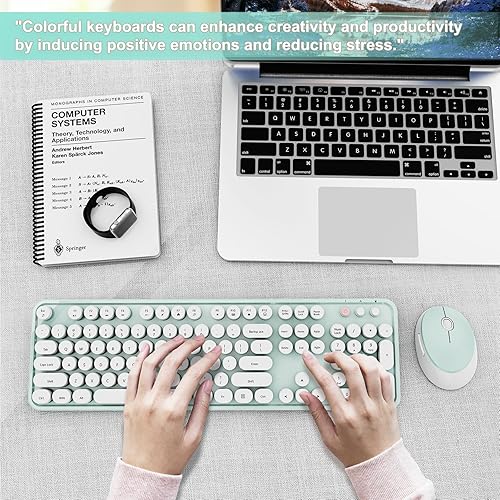 Vista 84 de Combo de teclado y mouse inalámbricos, colorido teclado ergonómico de tamaño completo con diseño retro, silencioso, con teclas bonitas, compatible