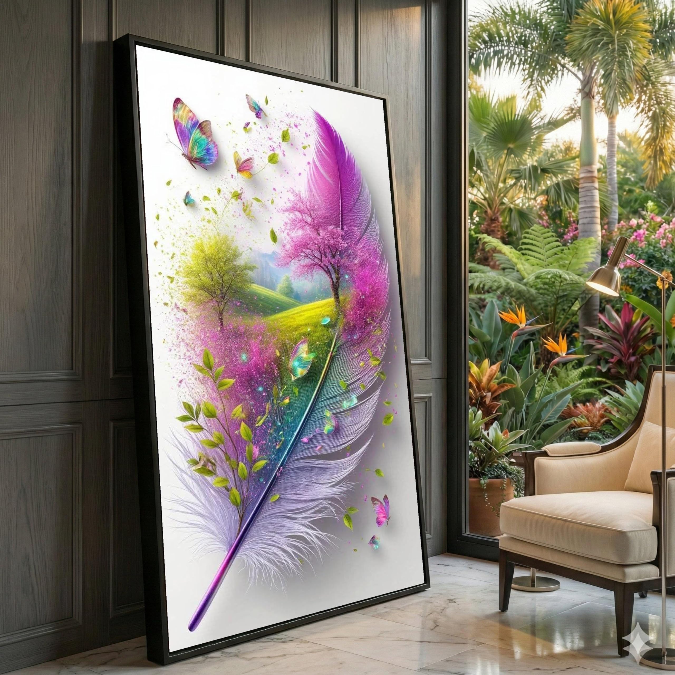 XINBAO Krajobraz z piórami, kolorowa sztuka ścienna z motylem, scena natury, różowe drzewo i zielona łąka, dekoracyjne wydruki na płótnie (60 x 105 cm/rama wewnętrzna)