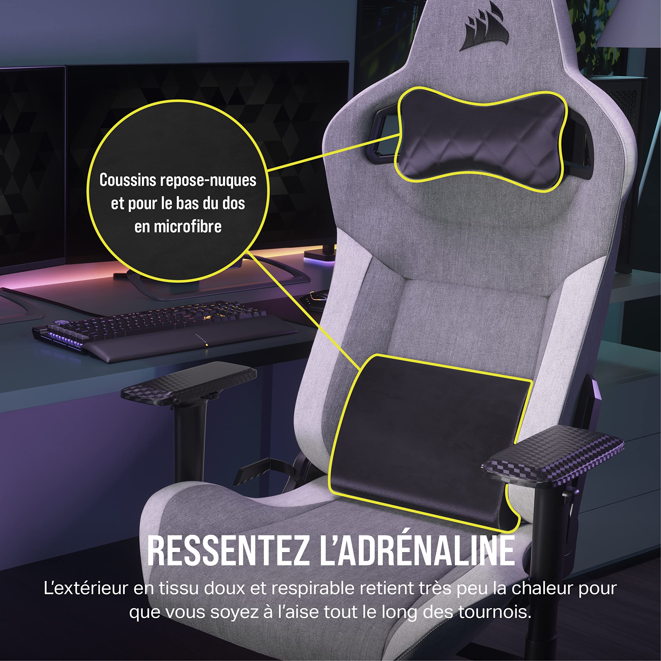 Corsair T3 Rush Fabric (2023) Fauteuil Gaming – Gris et Blanc | Revêtement en Tissu Doux, Coussin Détachable pour La Nuque et Support Lombaire à Mémoire de Forme