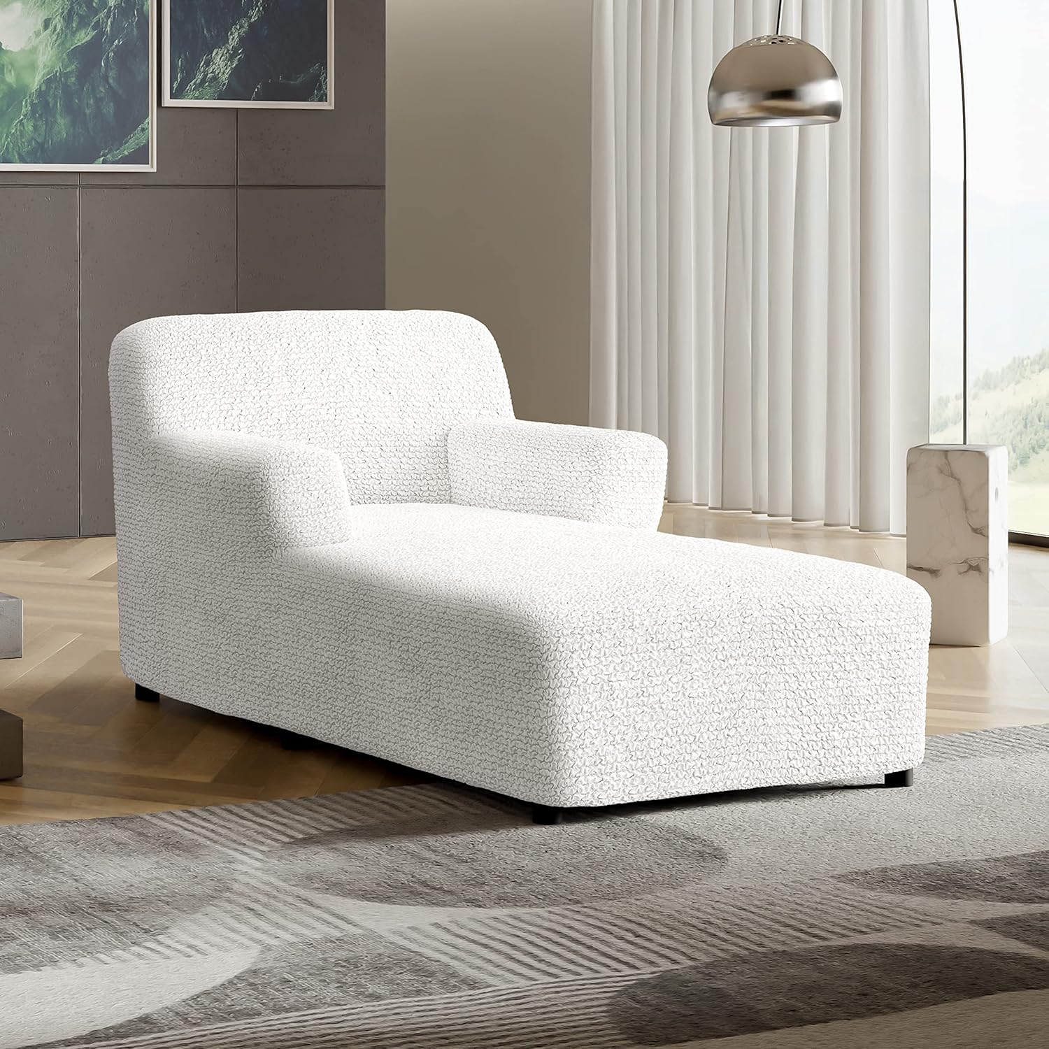 PAULATO BY GA.I.CO. Stretch Chaise Lounge Slipcover 1-Piece – Soft Bi-Elastic Cover for Lounge Chair – Furniture Protector Machine Washable – Crisp White (with Armrest 32"-48" Wide)