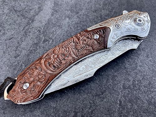 Miniatura 4 de TACTICAL GEARZ Cuchillo de bolsillo de acero de Damasco EDC personalizado, mango de palisandro tallado personalizado, incluye funda de cuero