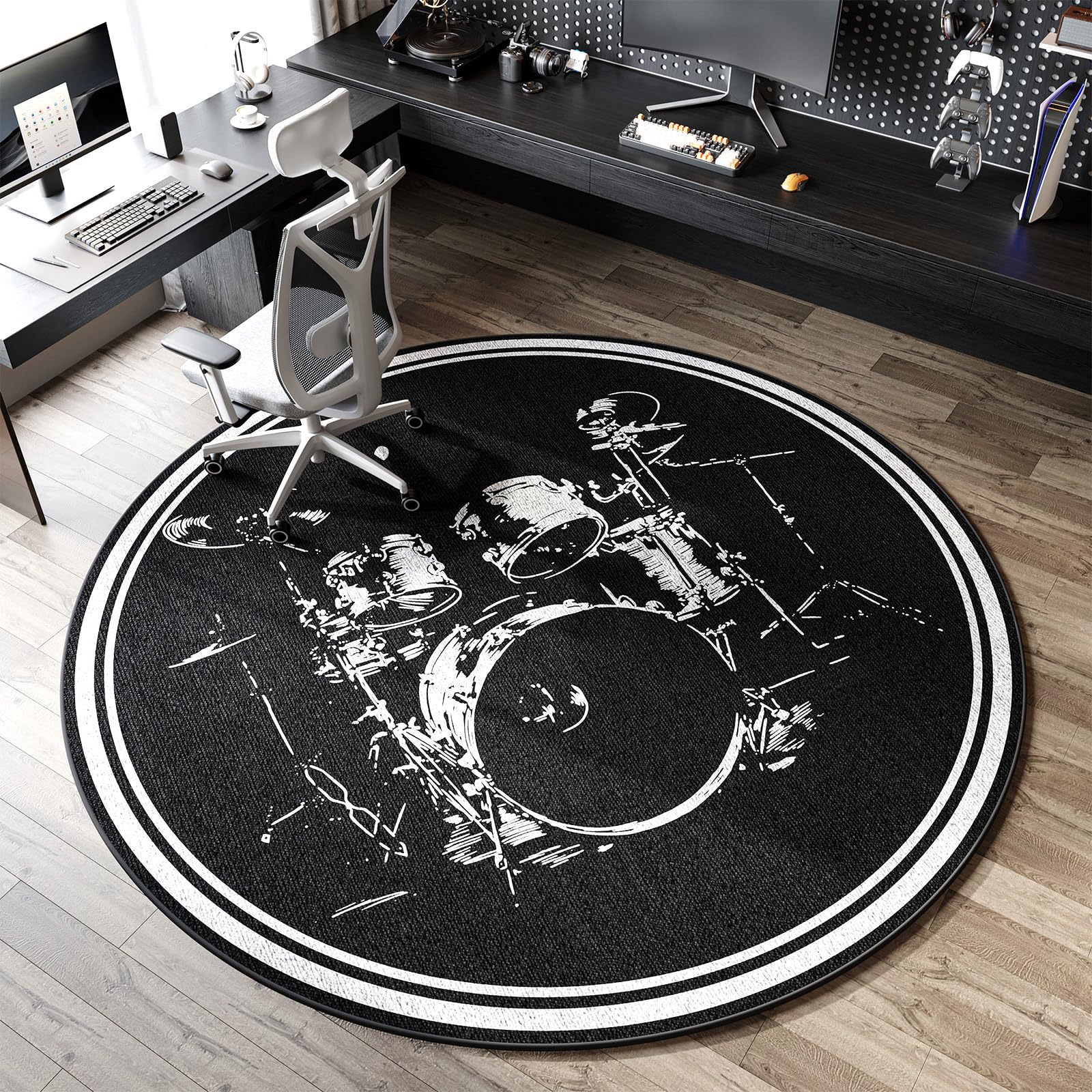 Tappeto Batteria Rotondo 130cm,Tappeto Batteria Acustica,Tappeto per Batteria Antiscivolo,Tappeto Insonorizzante per Batteria,Tappeto Batteria Elettronica,per Batteria Strumento Musicale(Nero A)