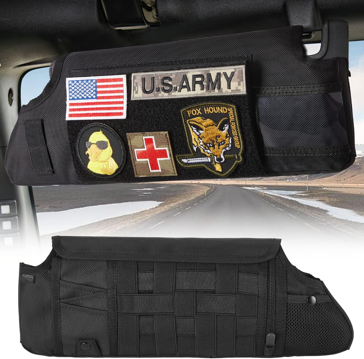 Upgraded Sun Visor Organizer Compatible with Wrangler JK 2007-2009, Multi-Pocket Net Zipper Visor Storage Cover, Molle Webbing Holder Pouch