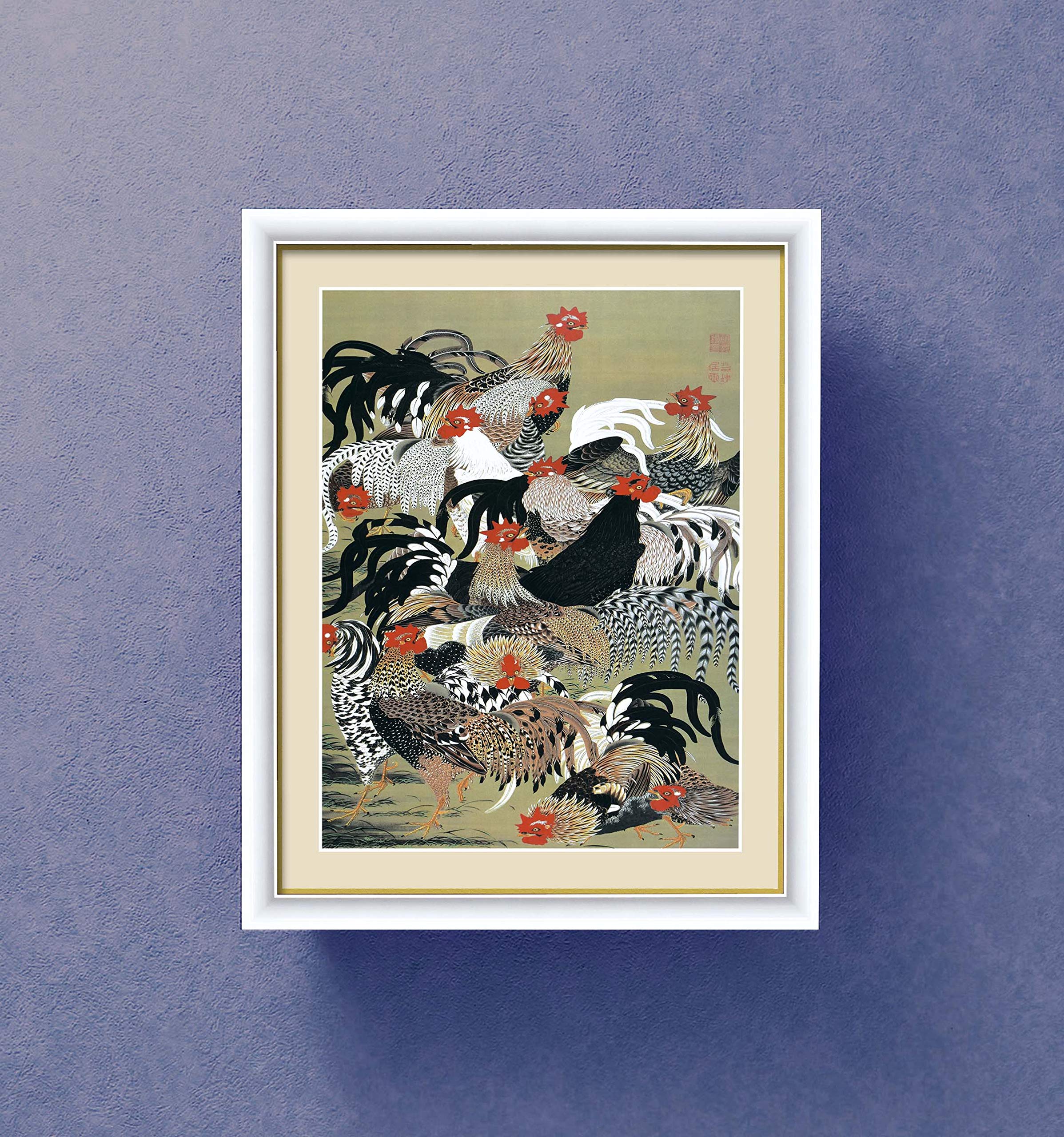 若冲 鳳凰 旭日】【動植綵絵額】群鶏・白鳳・鶏□伊藤若冲