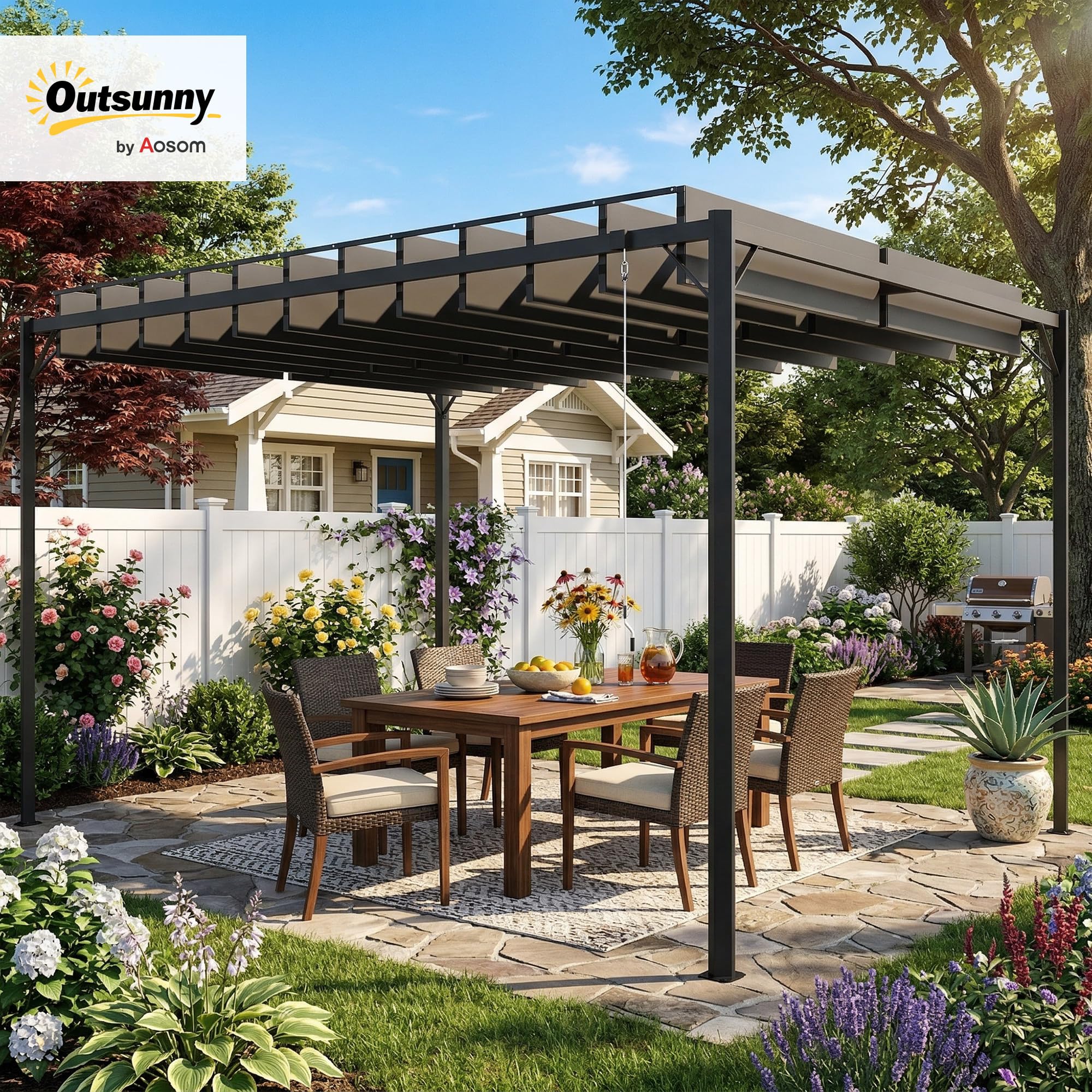 Outsunny Pérgola de Jardín 3x4 m, Cenador de Jardín con Techo de Lamas Orientables, Estructura de Metal, Protección UPF50+, Pabellón para Exterior, Patio, Terraza, Gris Oscuro — view 2