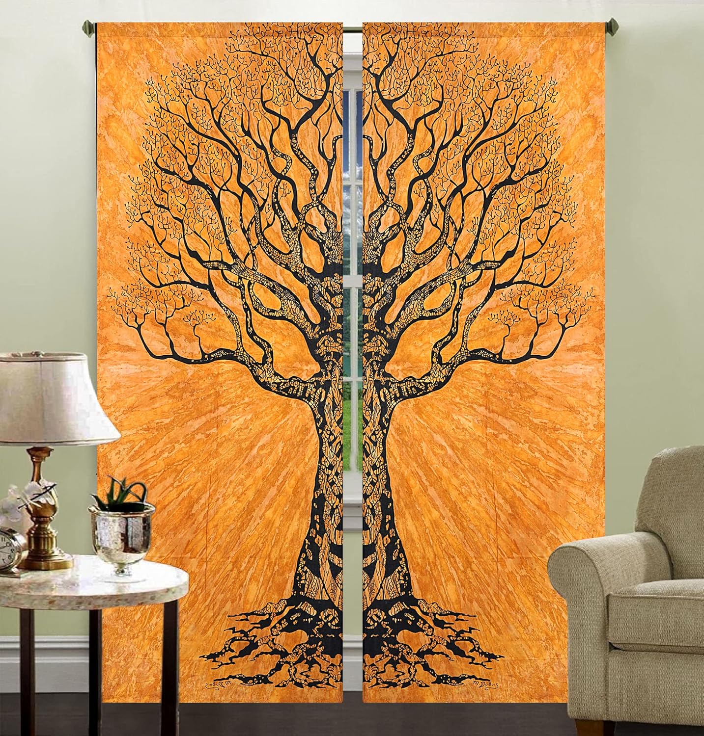Indian Mandala Curtain Balcony Sheer Room Divider Living Room Bohemian Decor Light-Filtering Blackout Gypsy Door Curtain (82x41 Inches, Brown Tree)