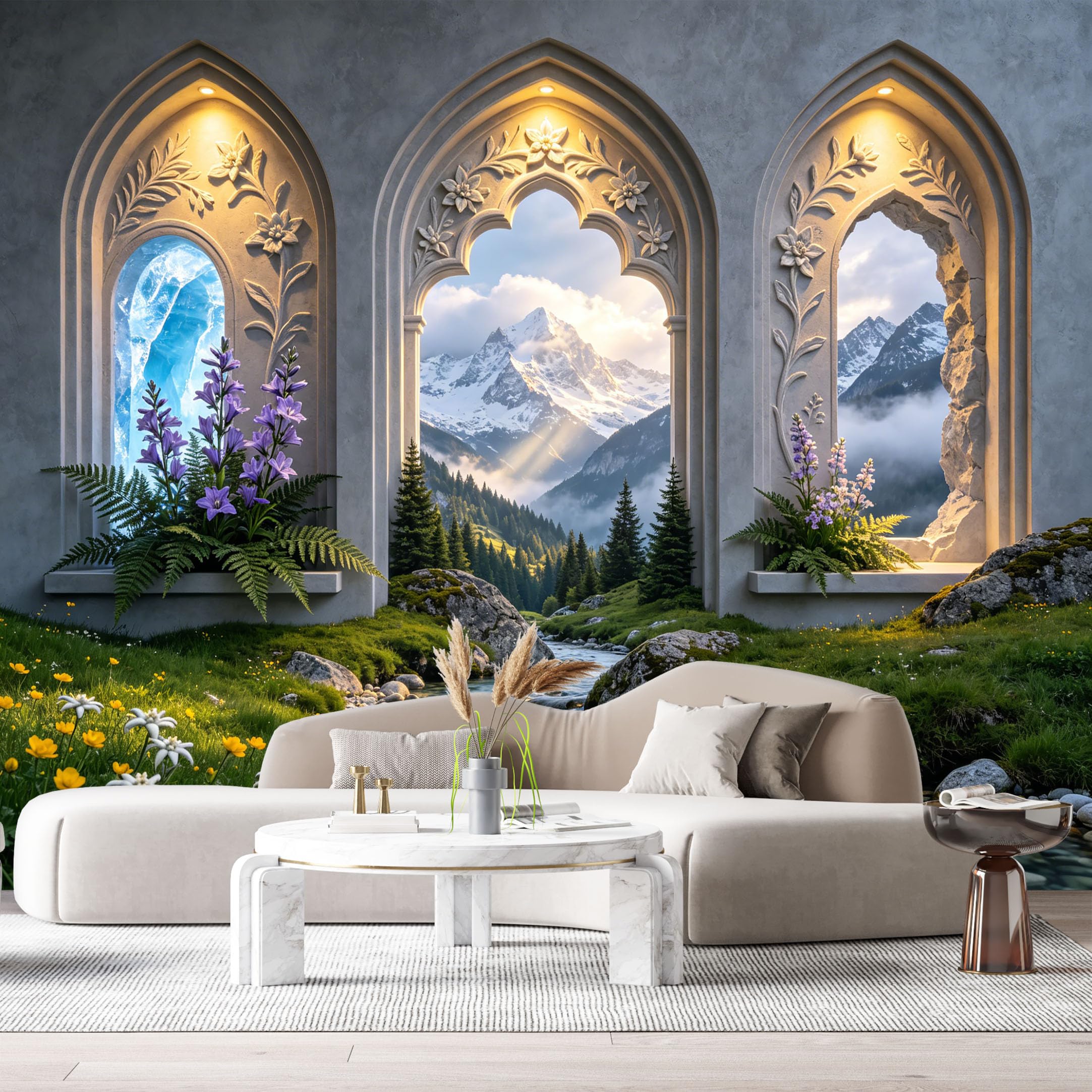 Custom Size Wall Murals 3D Trompe Loeil Mountain Lake Landscape Botanical Floral Archway SelfAdhesive Wall Fabric Removable Large Wallpaper Photo for Living Room