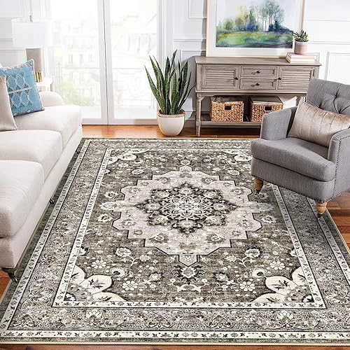 Alfombra lavable para sala de estar, impermeable, resistente a las manchas, estilo bohemio, con medallones, diseño desgastado que no desprende pelo,