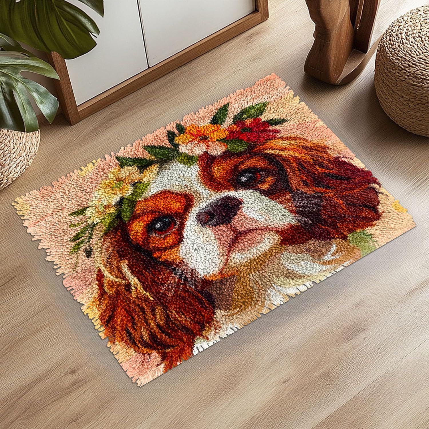 Latch Hook Rug Kit for Adults Cute Cavalier King Charles Dog Pre-Printed Handmade Carpet Crochet Yarn Craft DIY Hook and Latch Door Mat Tapestry Home Floor Decoration 52x38cm(12)